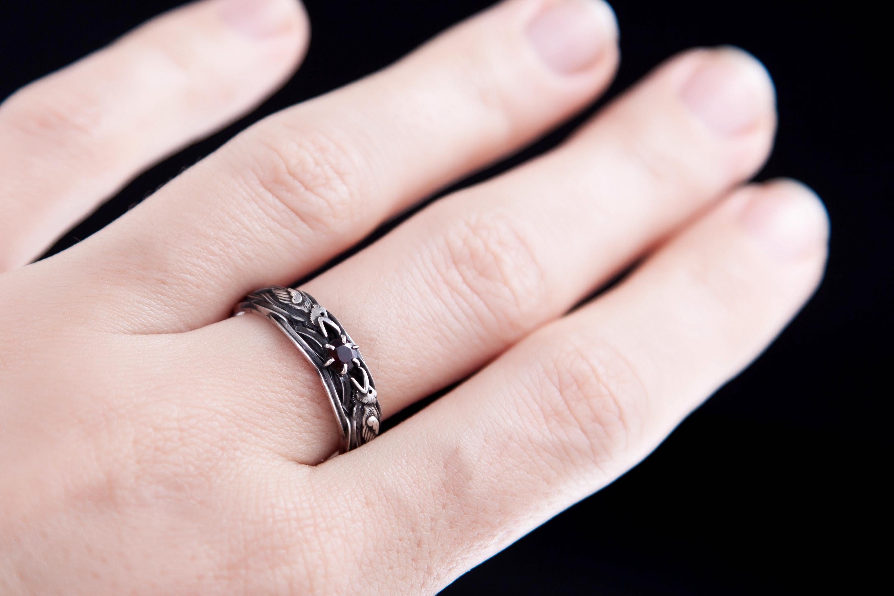 Raven Silver Ring with Garnet, Norse Mythology Viking  inspired