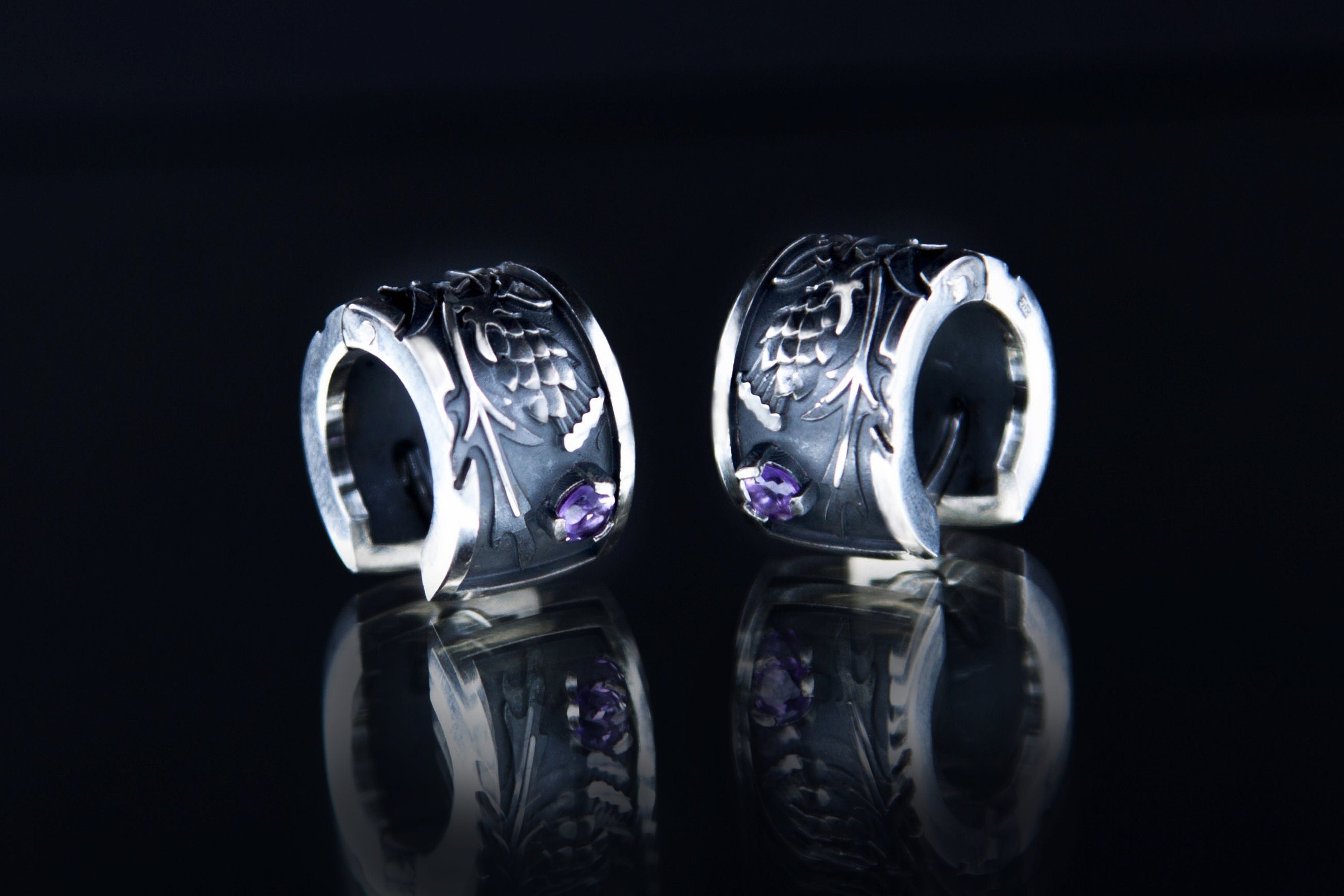 Handmade amethyst thistle hoop earrings