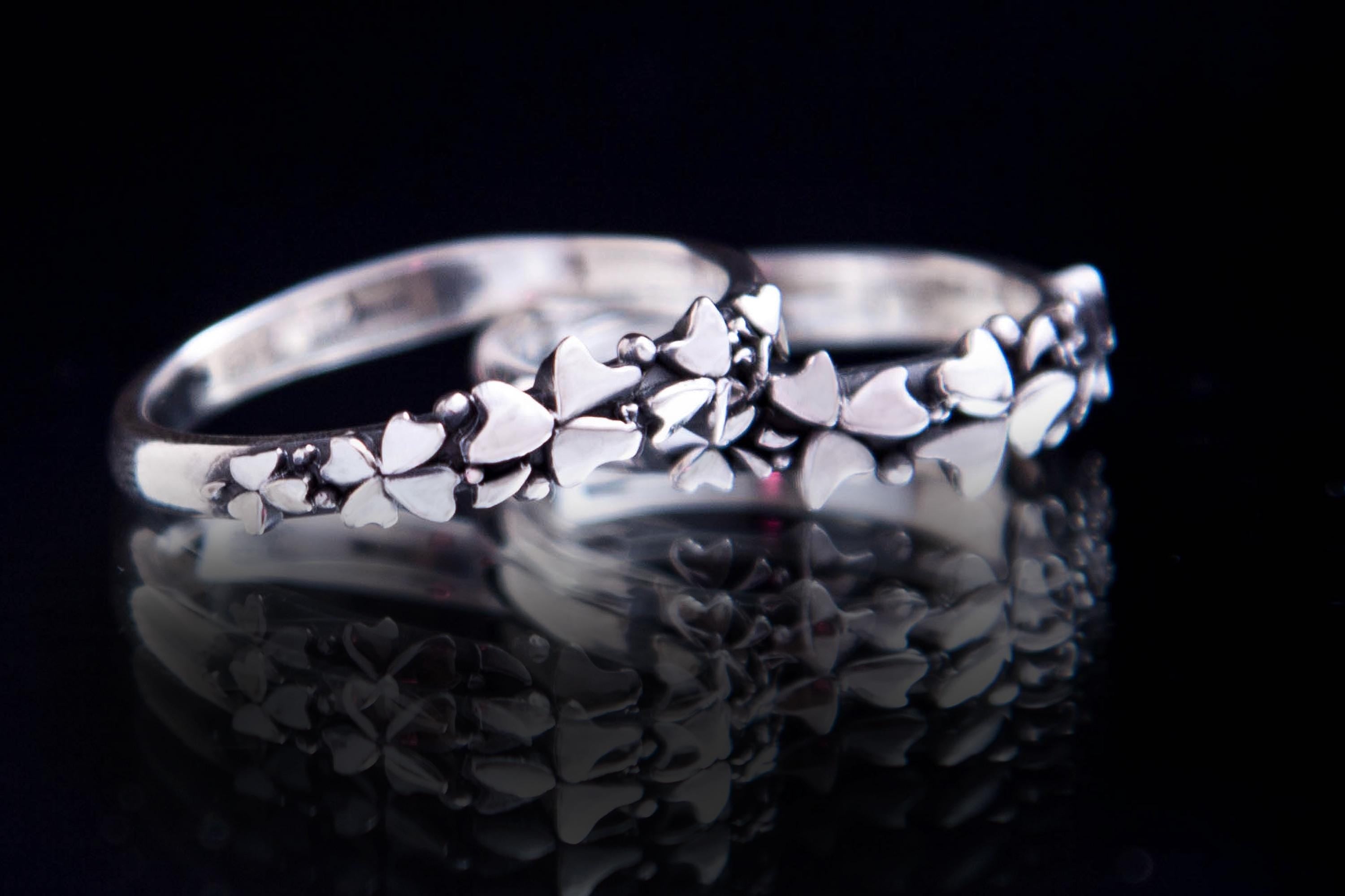 Sterling silver clover ring with four-leaf design,  handmade botanical jewelry by DreamTower