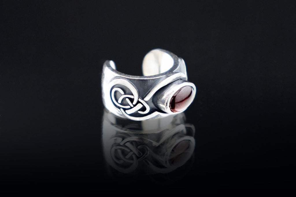 Silver Celtic ear cuff with garnet