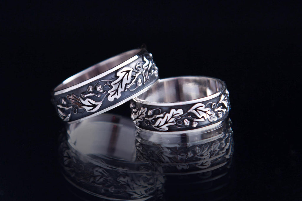 Handmade oak leaf silver band nature jewelry