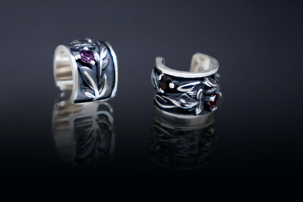 Sterling silver snowdrop ear cuff with gemstone