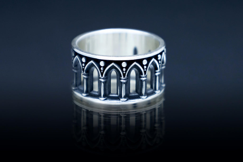 Wide sterling silver Gothic cathedral ring with arch pattern