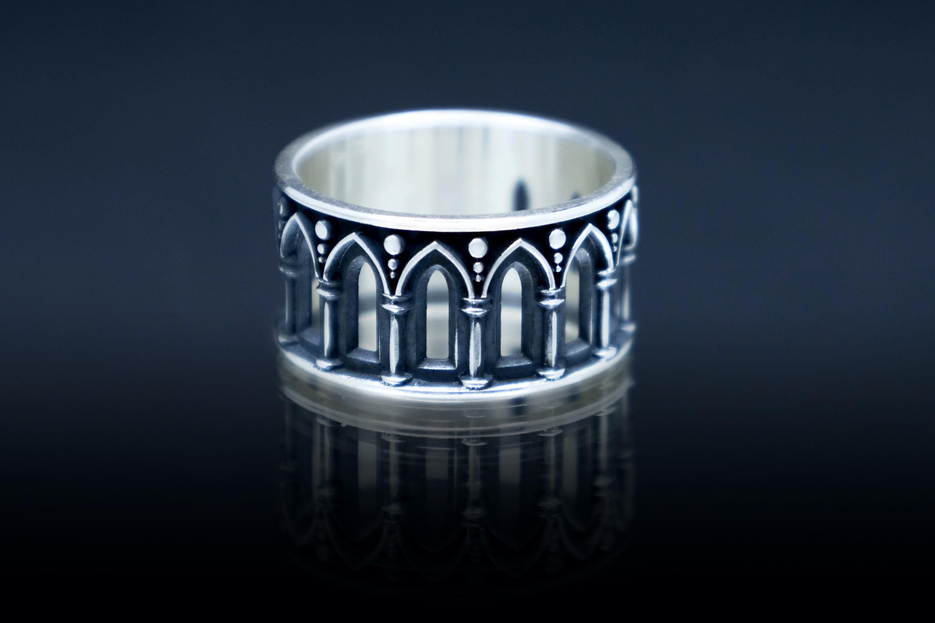 Wide sterling silver Gothic cathedral ring with arch pattern