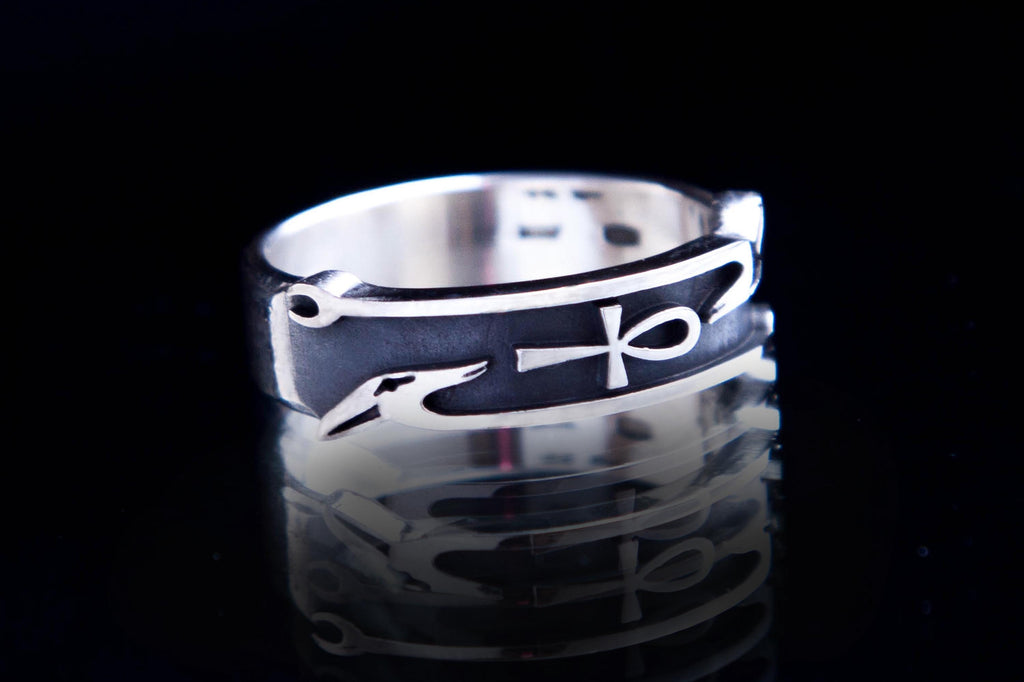 Was and Ankh symbols on silver band