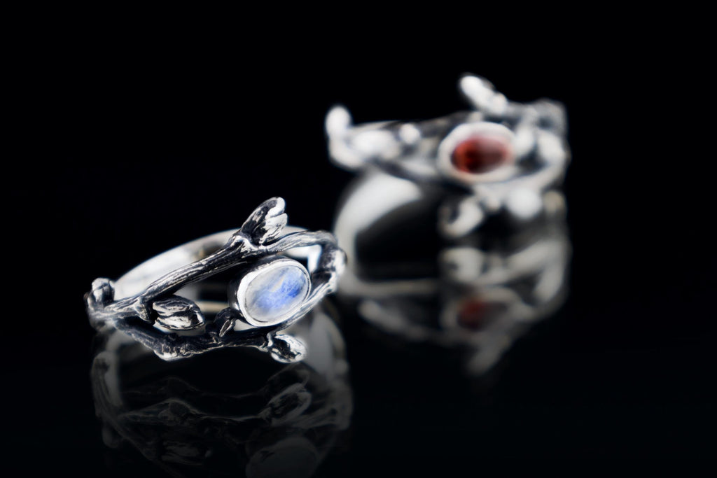 Handmade moonstone twig ring in fantasy style