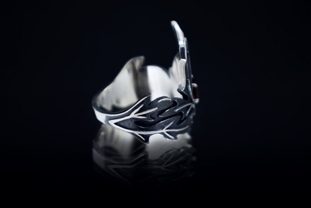 Statement Wormwood crown leaf ring, silver and garnet