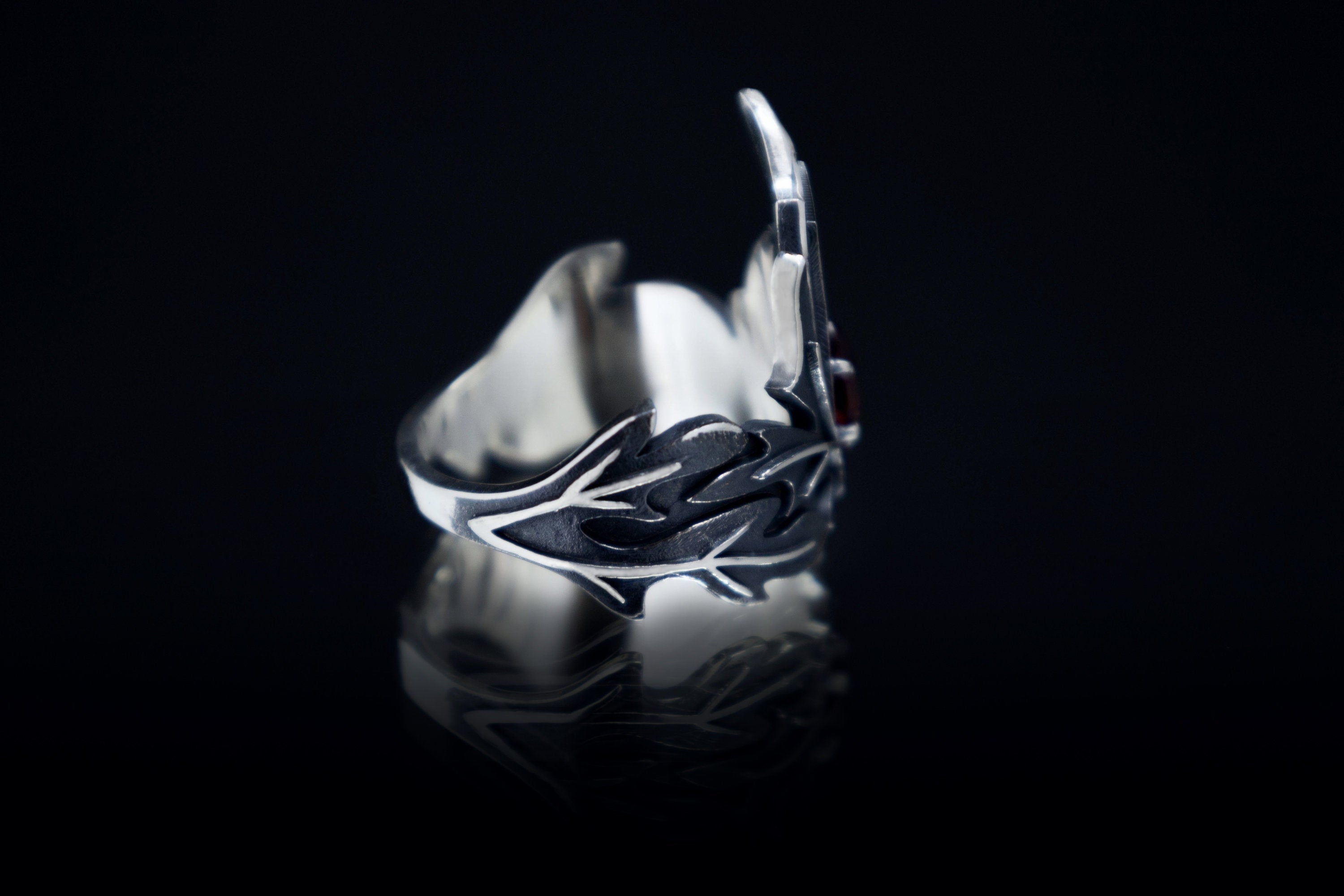 Statement Wormwood crown leaf ring, silver and garnet