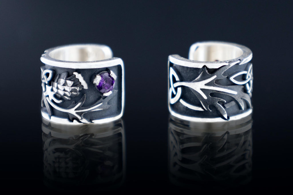 Thistle Silver Ear Cuff, Amethyst or Garnet Celtic Earring