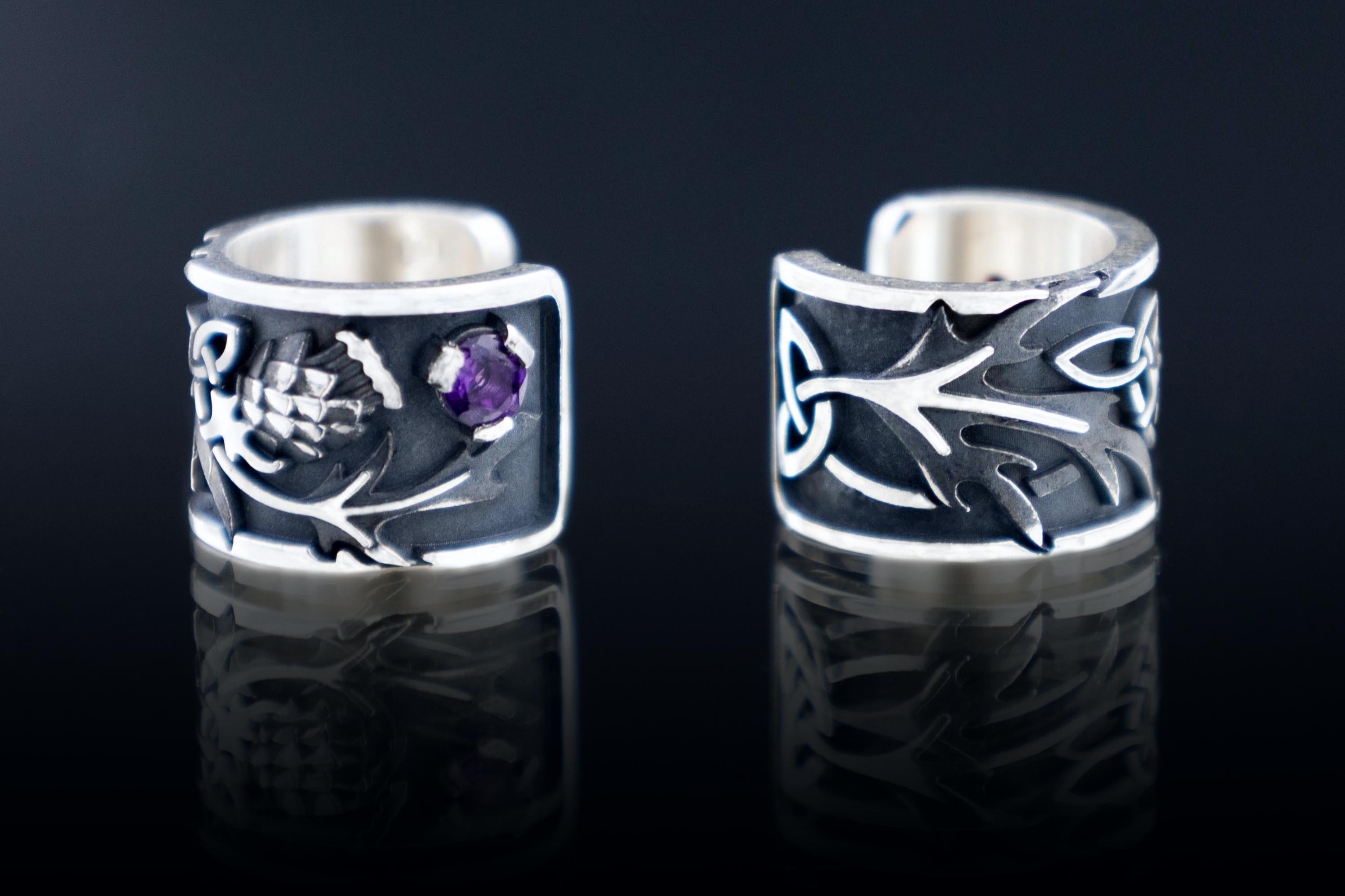 Thistle Silver Ear Cuff, Amethyst or Garnet Celtic Earring