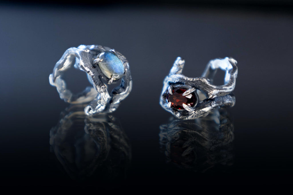 Sterling silver forest branch ear cuff with labradorite or garnet