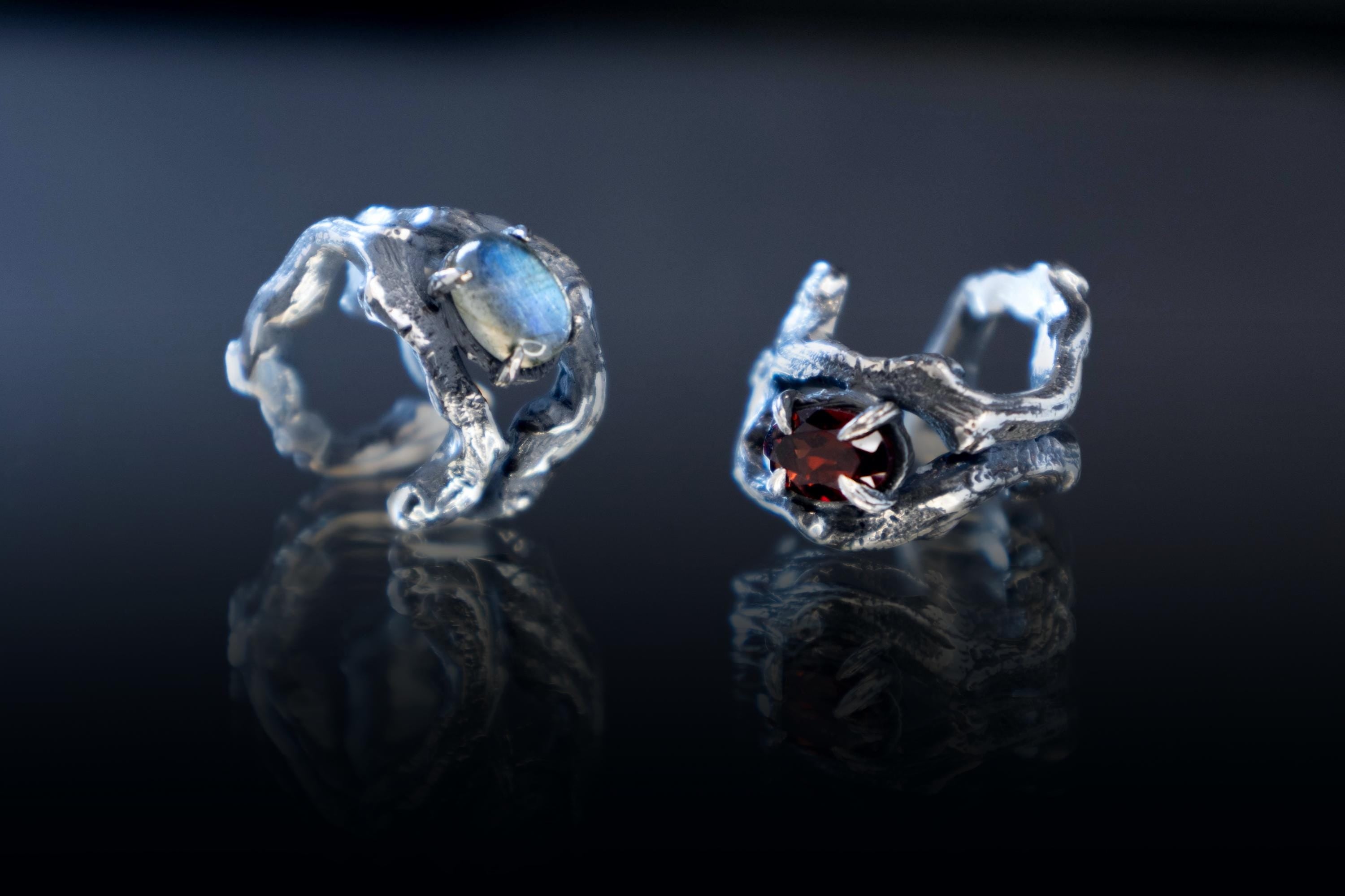 Sterling silver forest branch ear cuff with labradorite or garnet