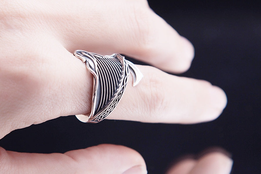 Statement ring shaped as a Celtic harp, solid sterling silver nickel free