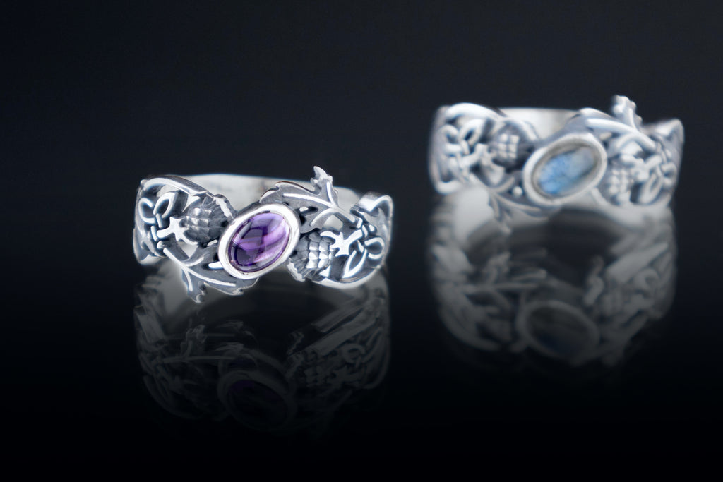 Sterling silver thistle ring with amethyst oe labradorite on dark background