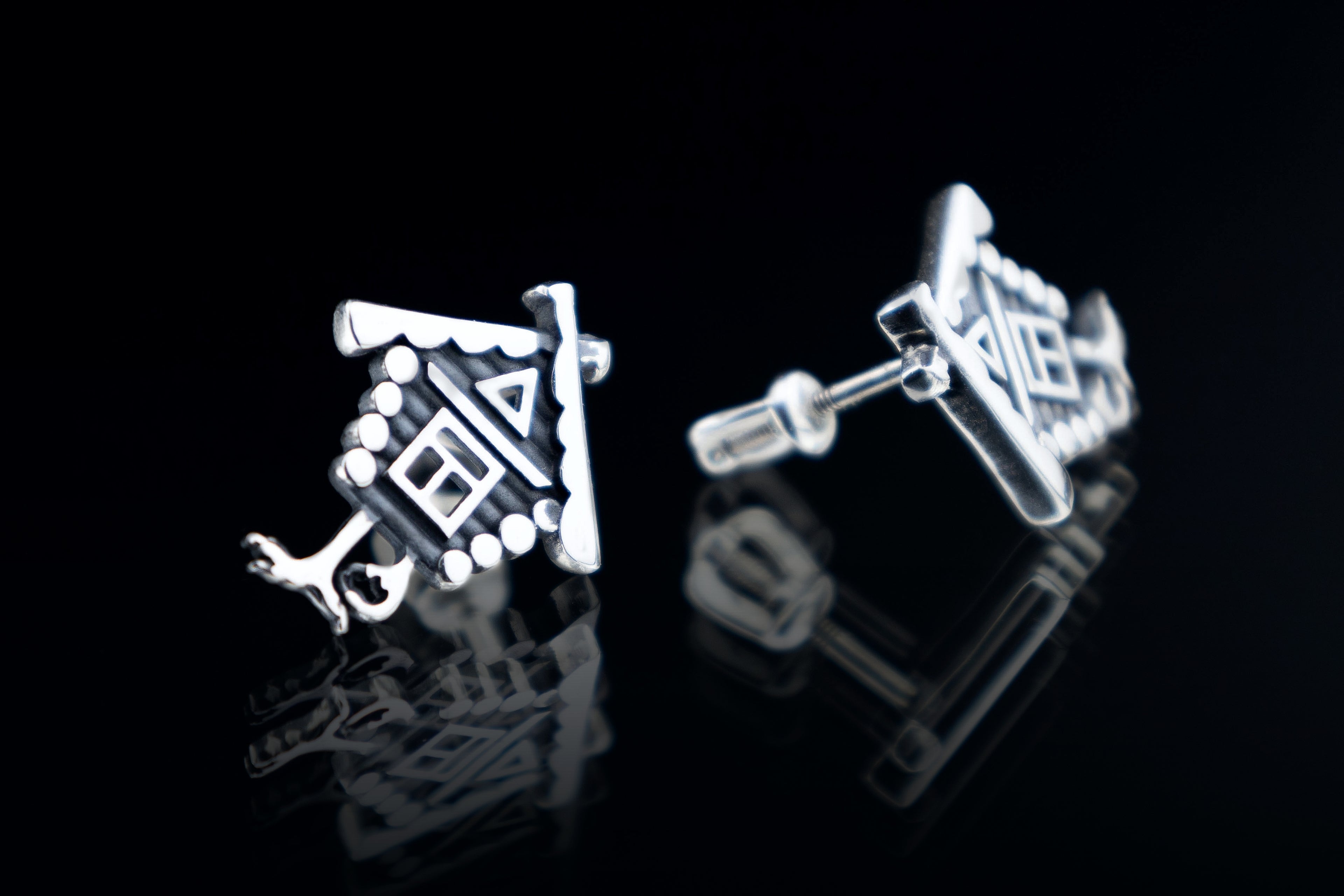 Slavic folklore hut earrings close up