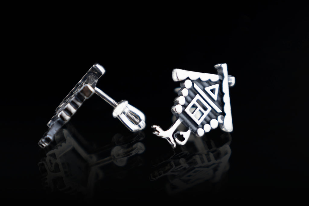 Oxidized silver chicken leg hut earrings