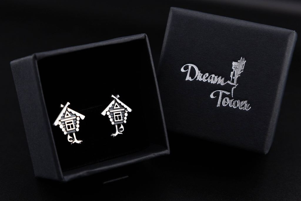 Baba Yaga house miniature silver earrings in gift box