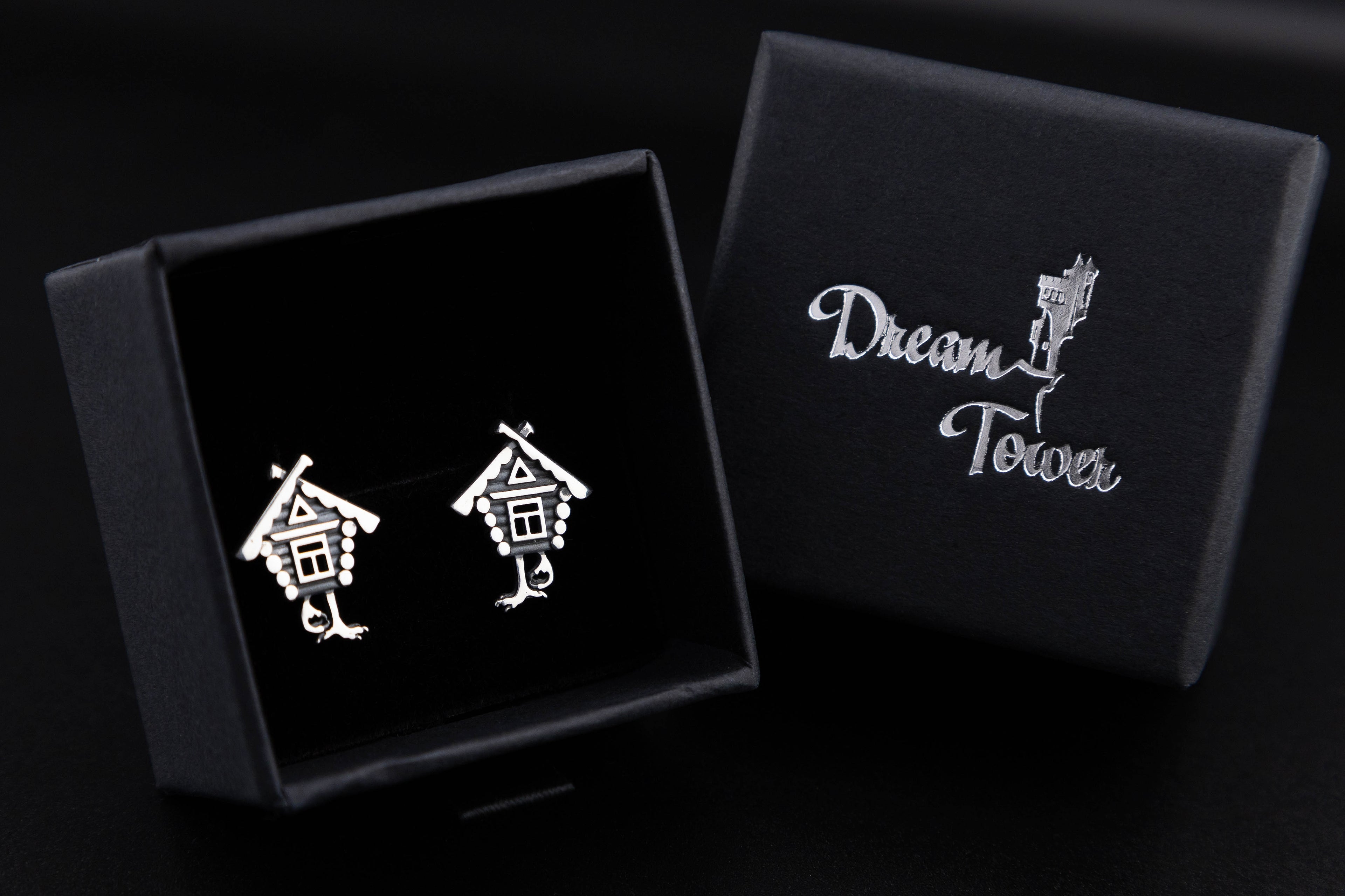 Baba Yaga house miniature silver earrings in gift box