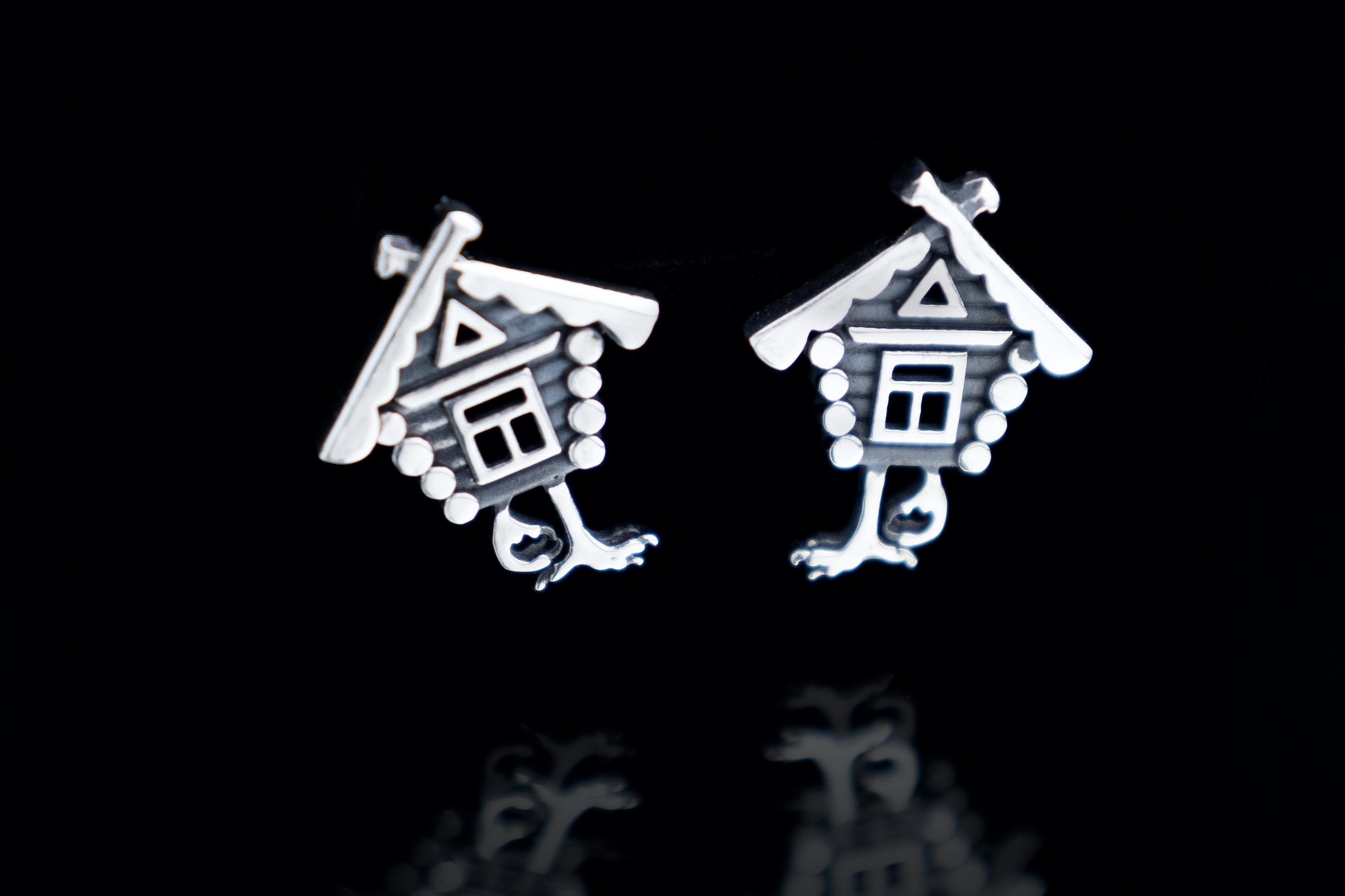 Sterling silver Baba Yaga hut stud earrings