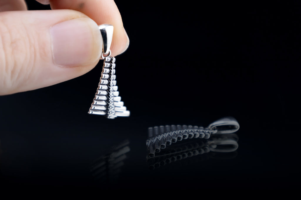 Tiny sterling silver pan flute charm, small silver music pendant, handcrafted silver necklace detail, ancient instrument inspired jewelry