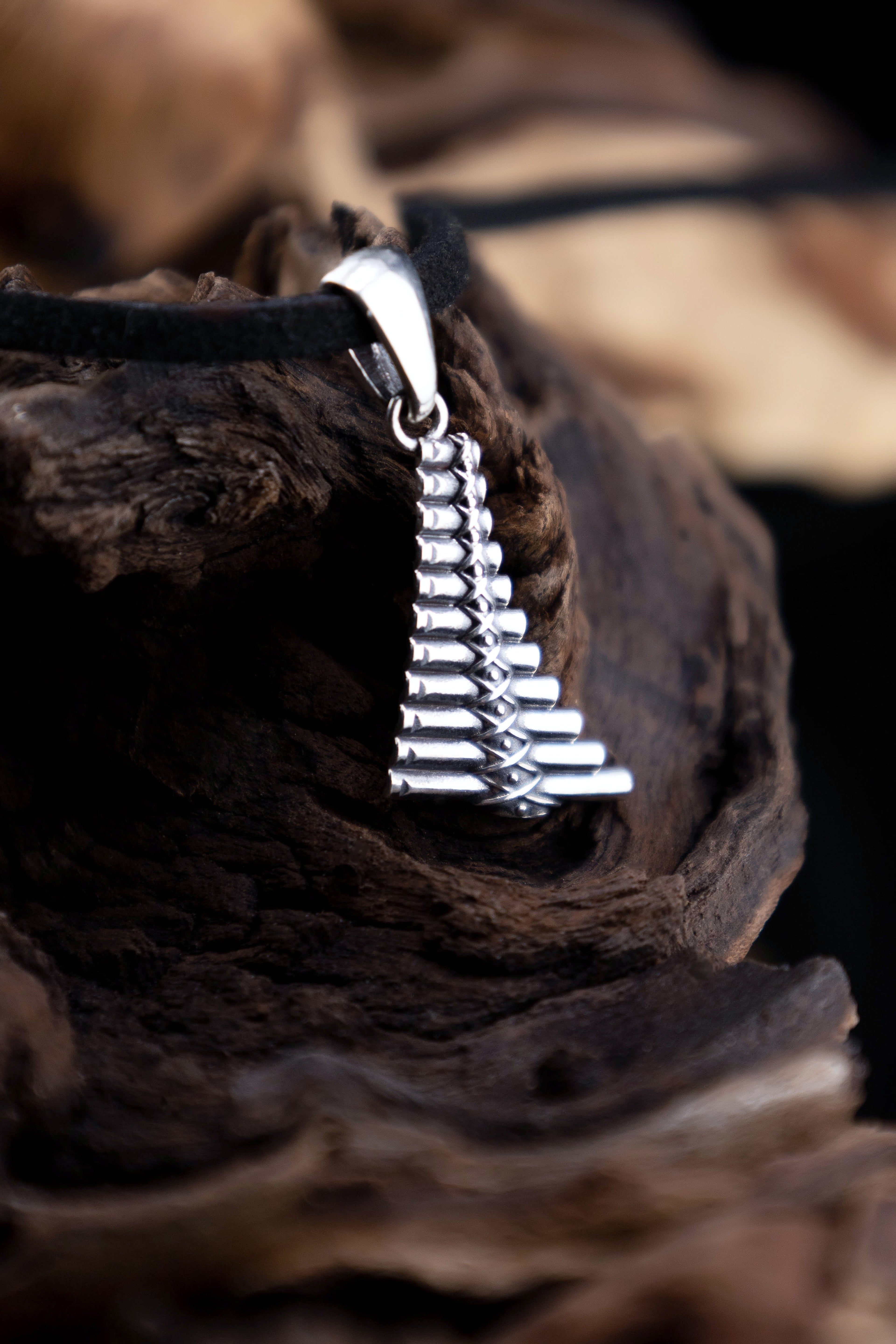 Sterling silver pan flute pendant on wood, nature inspired music jewelry, ancient flute symbol necklace, handmade folk silver charm