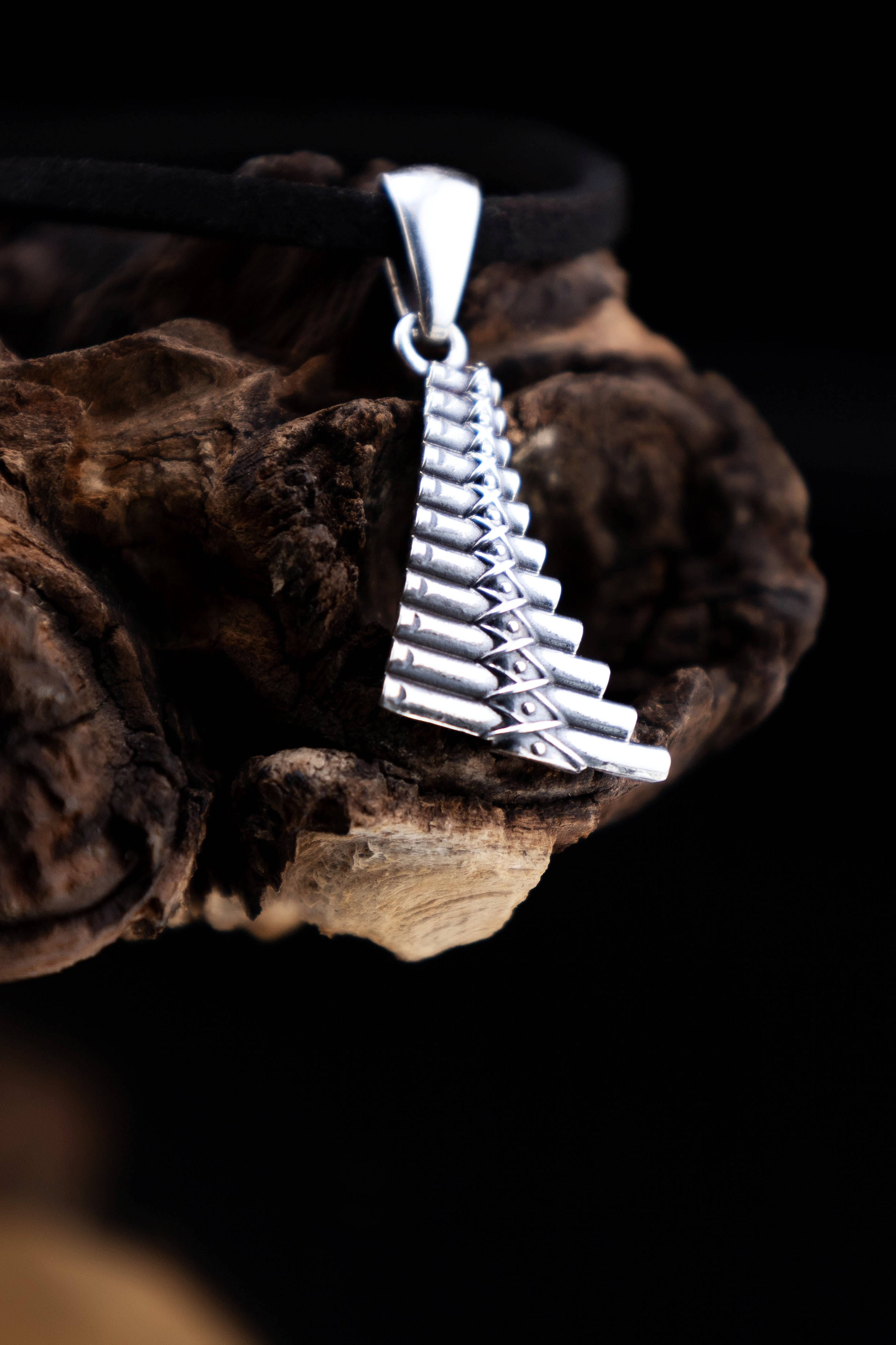 Sterling silver pan flute pendant on wood, nature inspired music jewelry, ancient flute symbol necklace, handmade folk silver charm