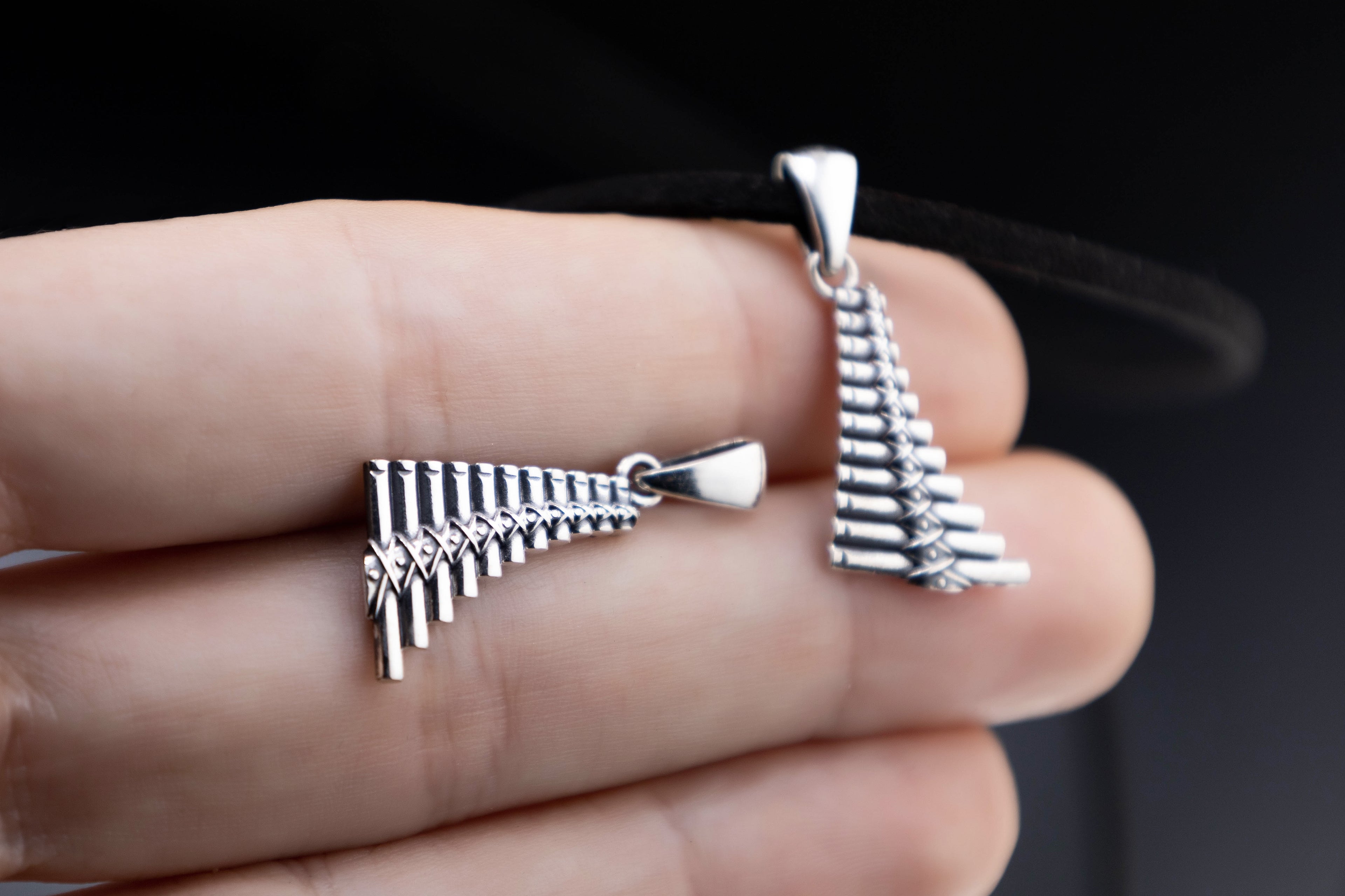 Pair of sterling silver pan flute pendants, handmade silver music charms, tiny flute necklace comparison size, minimalist folk jewelry
