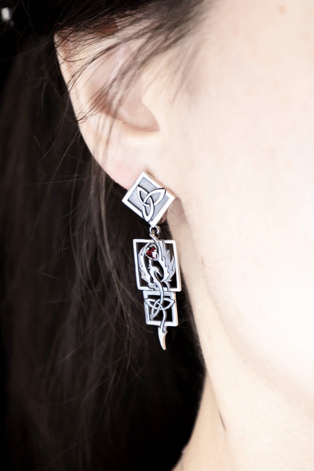Statement Phoenix Firebird Earrings Sterling silver Celtic Knot Dangles, natural garnet