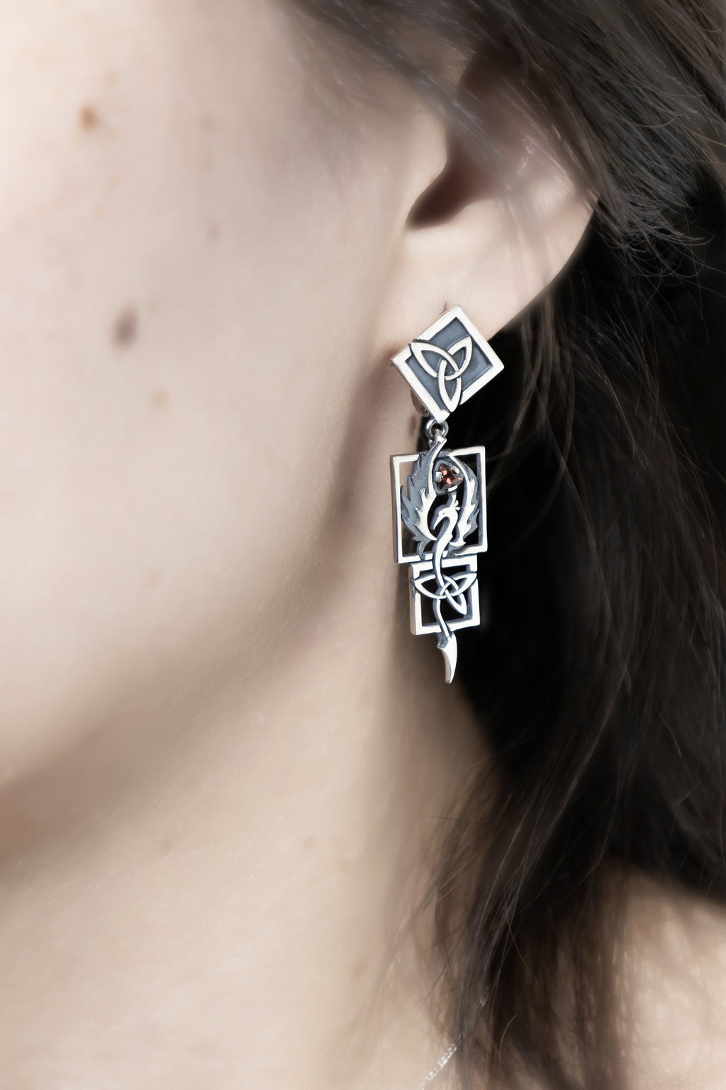 Statement Phoenix Firebird Earrings Sterling silver Celtic Knot Dangles, natural garnet