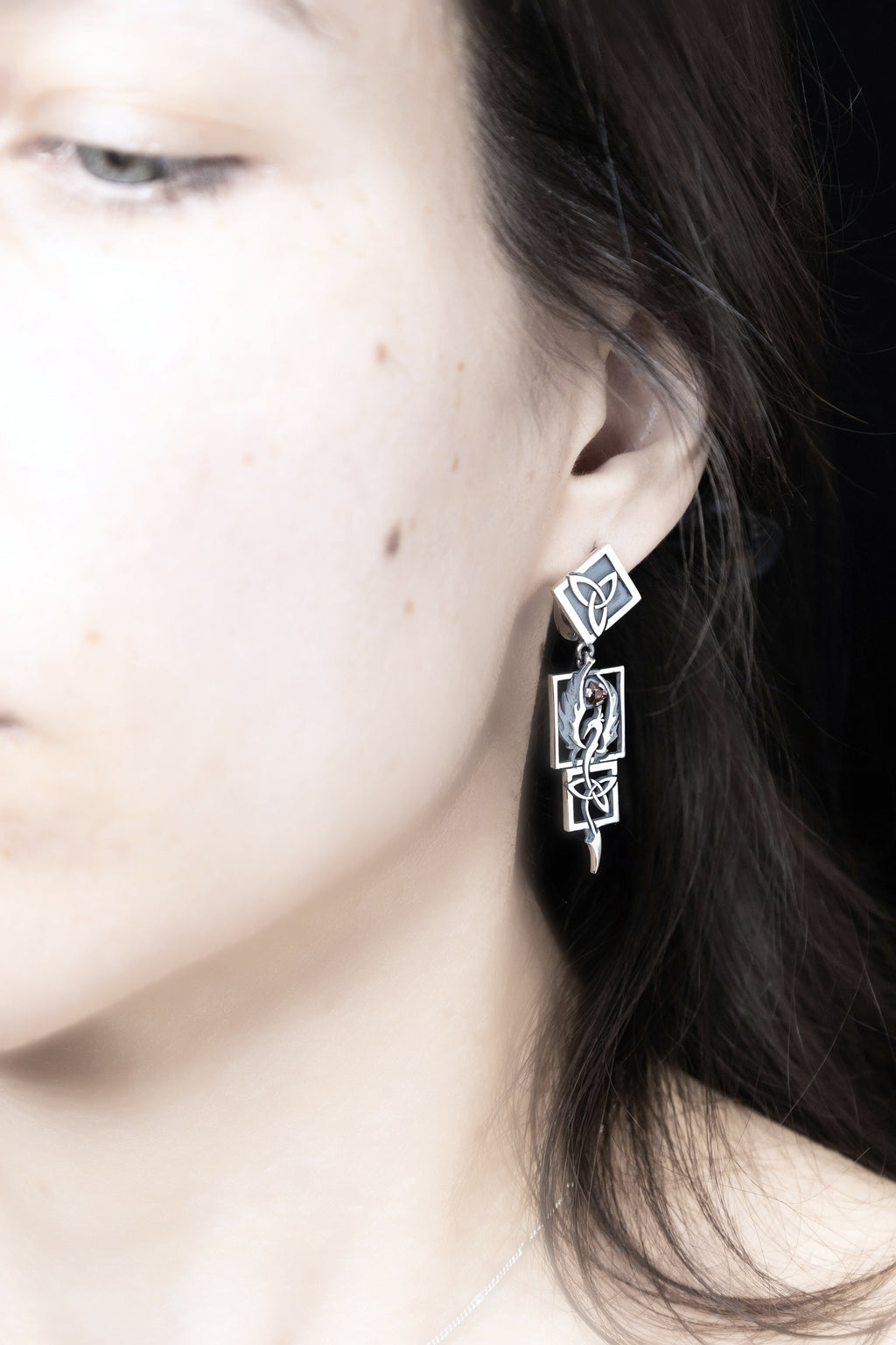 Statement Phoenix Firebird Earrings Sterling silver Celtic Knot Dangles, natural garnet