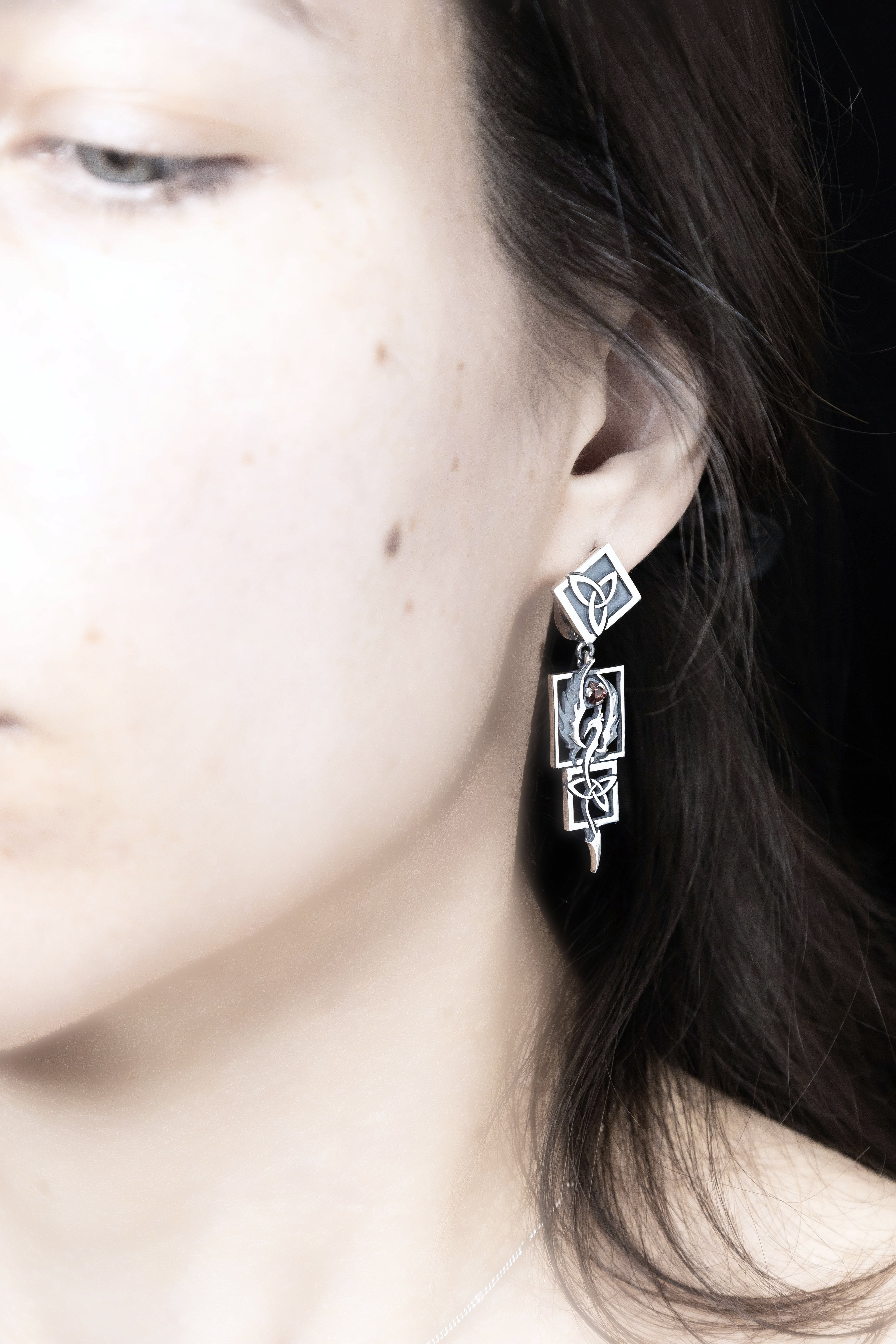 Statement Phoenix Firebird Earrings Sterling silver Celtic Knot Dangles, natural garnet