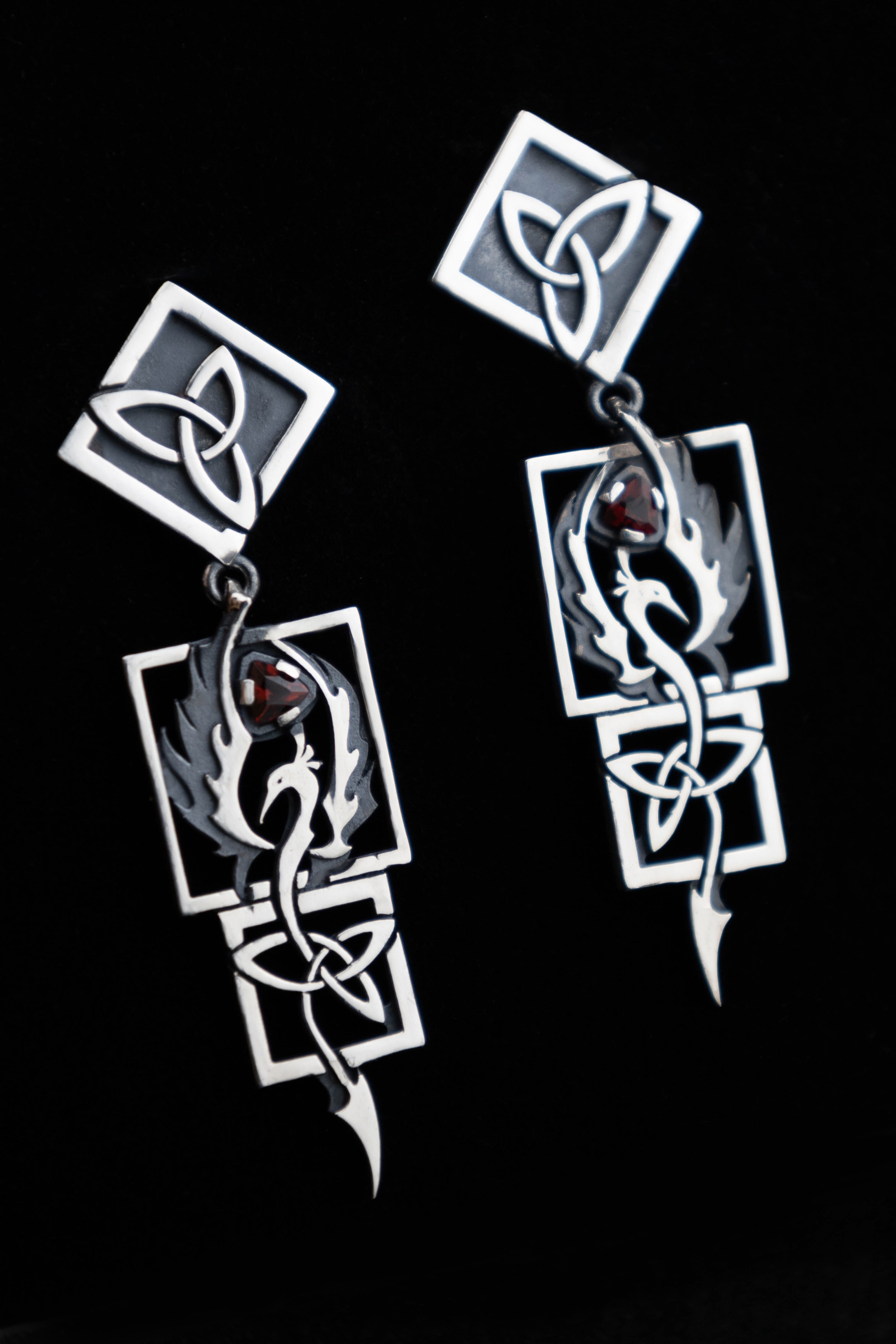 Statement Phoenix Firebird Earrings Sterling silver Celtic Knot Dangles, natural garnet