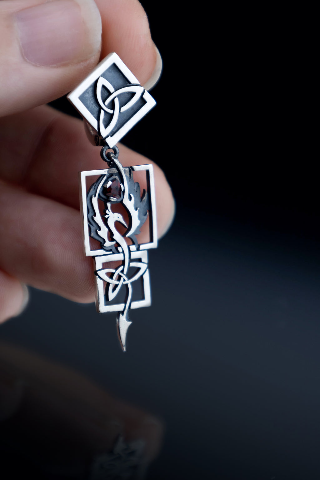Statement Phoenix Firebird Earrings Sterling silver Celtic Knot Dangles, natural garnet