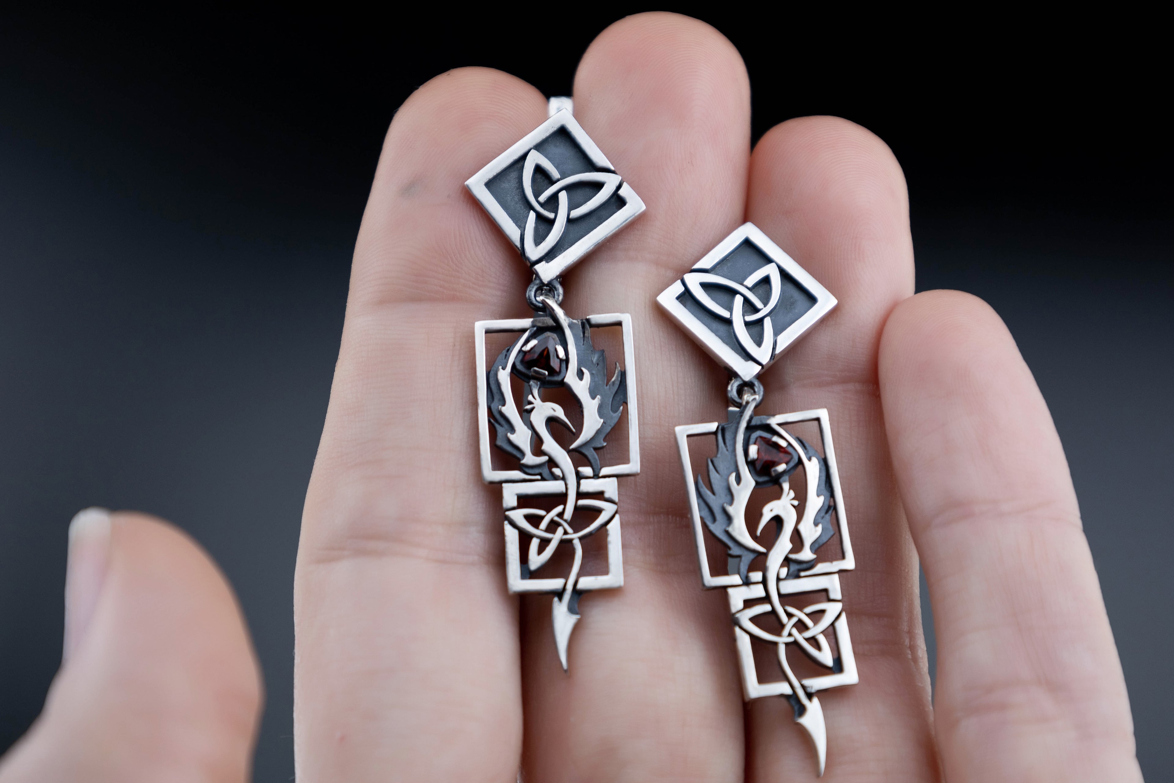 Statement Phoenix Firebird Earrings Sterling silver Celtic Knot Dangles, natural garnet