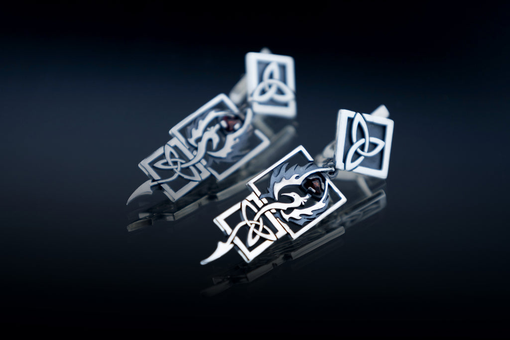 Statement Phoenix Firebird Earrings Sterling silver Celtic Knot Dangles, natural garnet
