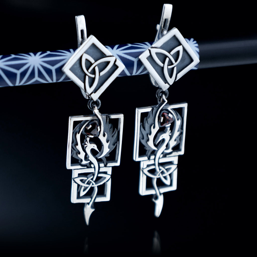 Statement Phoenix Firebird Earrings Sterling silver Celtic Knot Dangles, natural garnet
