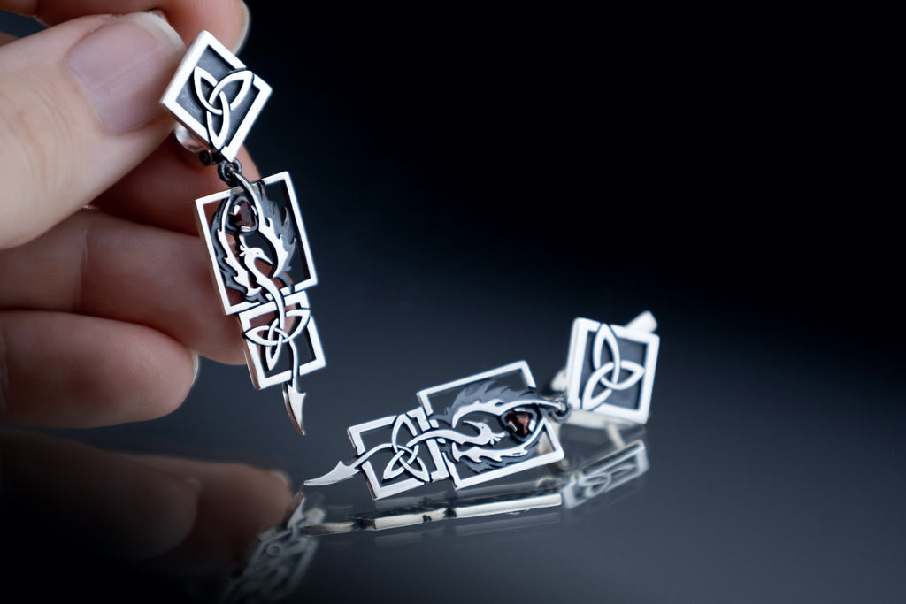 Statement Phoenix Firebird Earrings Sterling silver Celtic Knot Dangles, natural garnet
