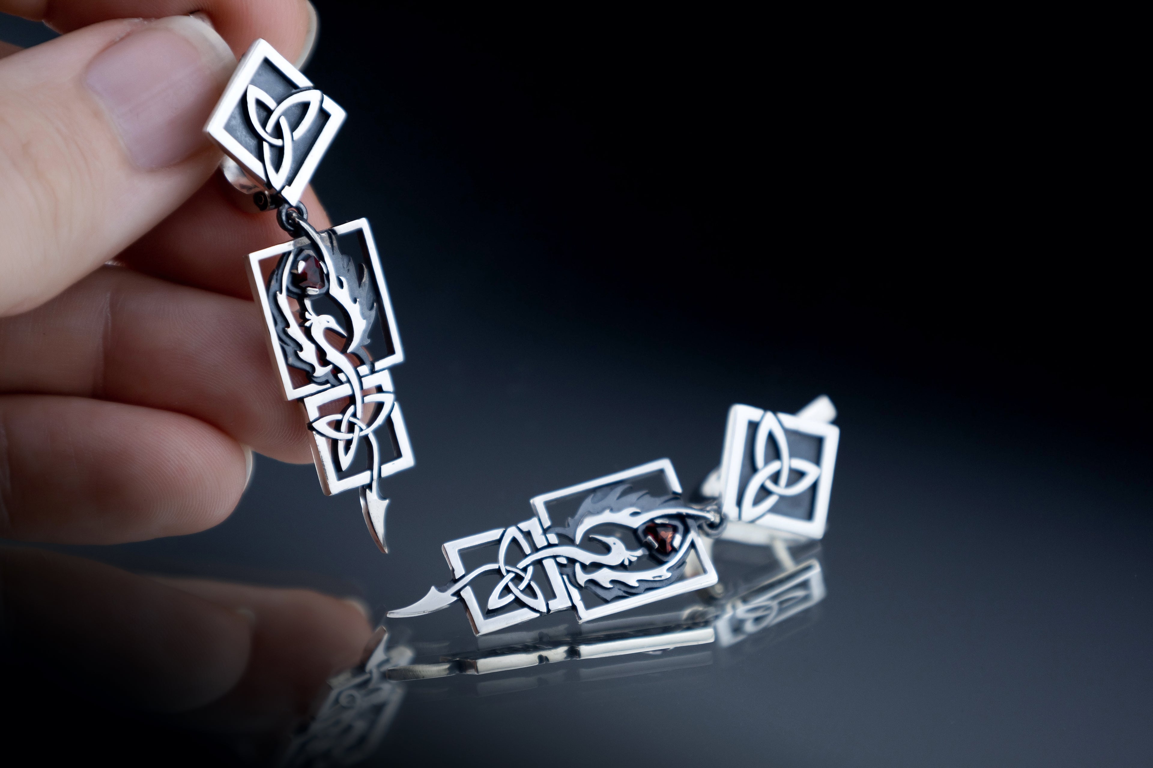 Statement Phoenix Firebird Earrings Sterling silver Celtic Knot Dangles, natural garnet