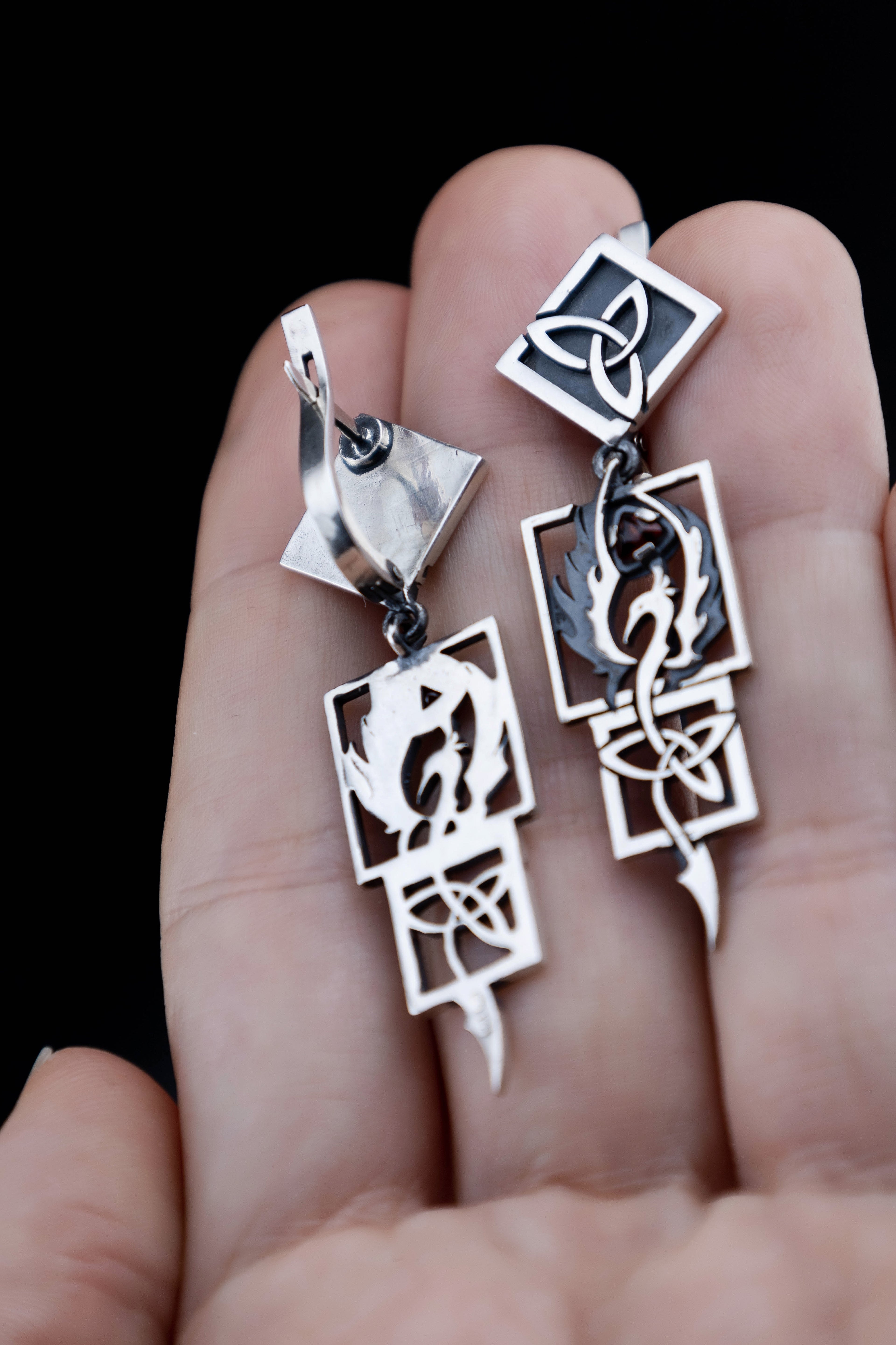 Statement Phoenix Firebird Earrings Sterling silver Celtic Knot Dangles, natural garnet