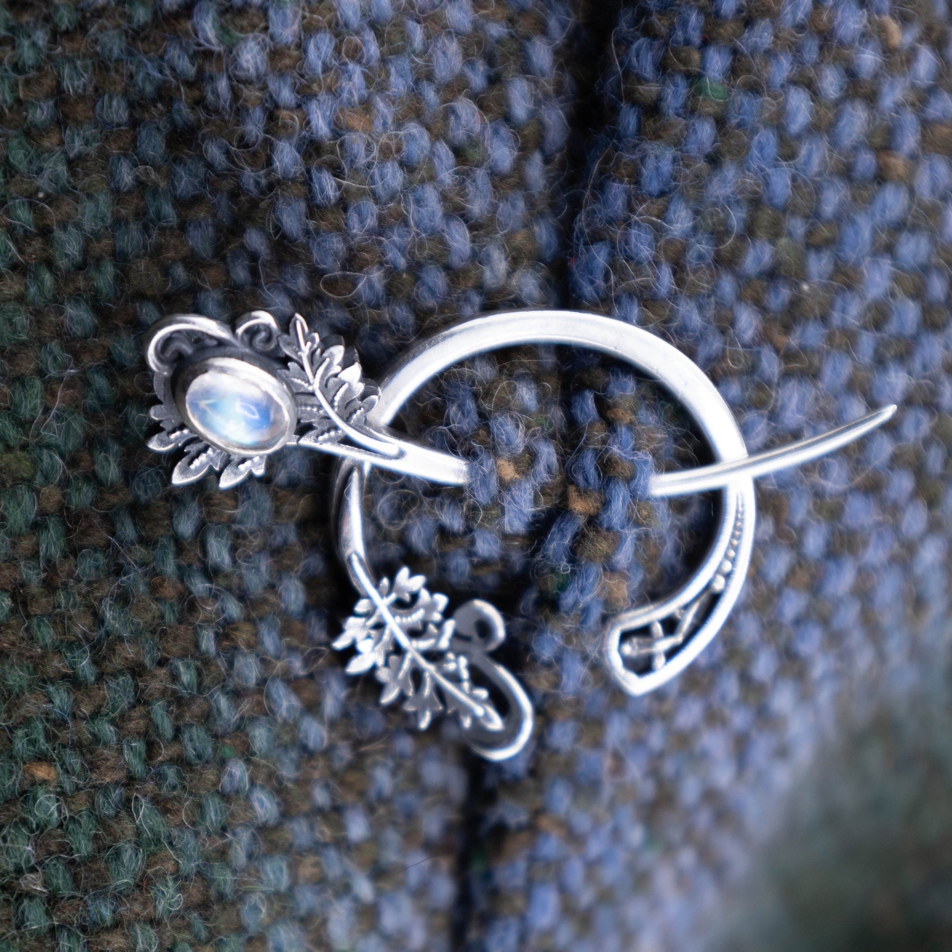 Handmade fantasy fern pin Natural moonstone