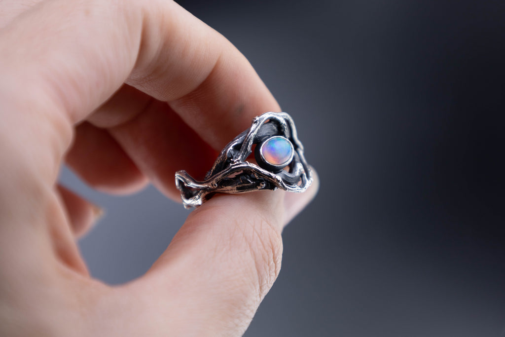 Roots & Branches  ring with Ethiopian opal, sterling silver handmade band