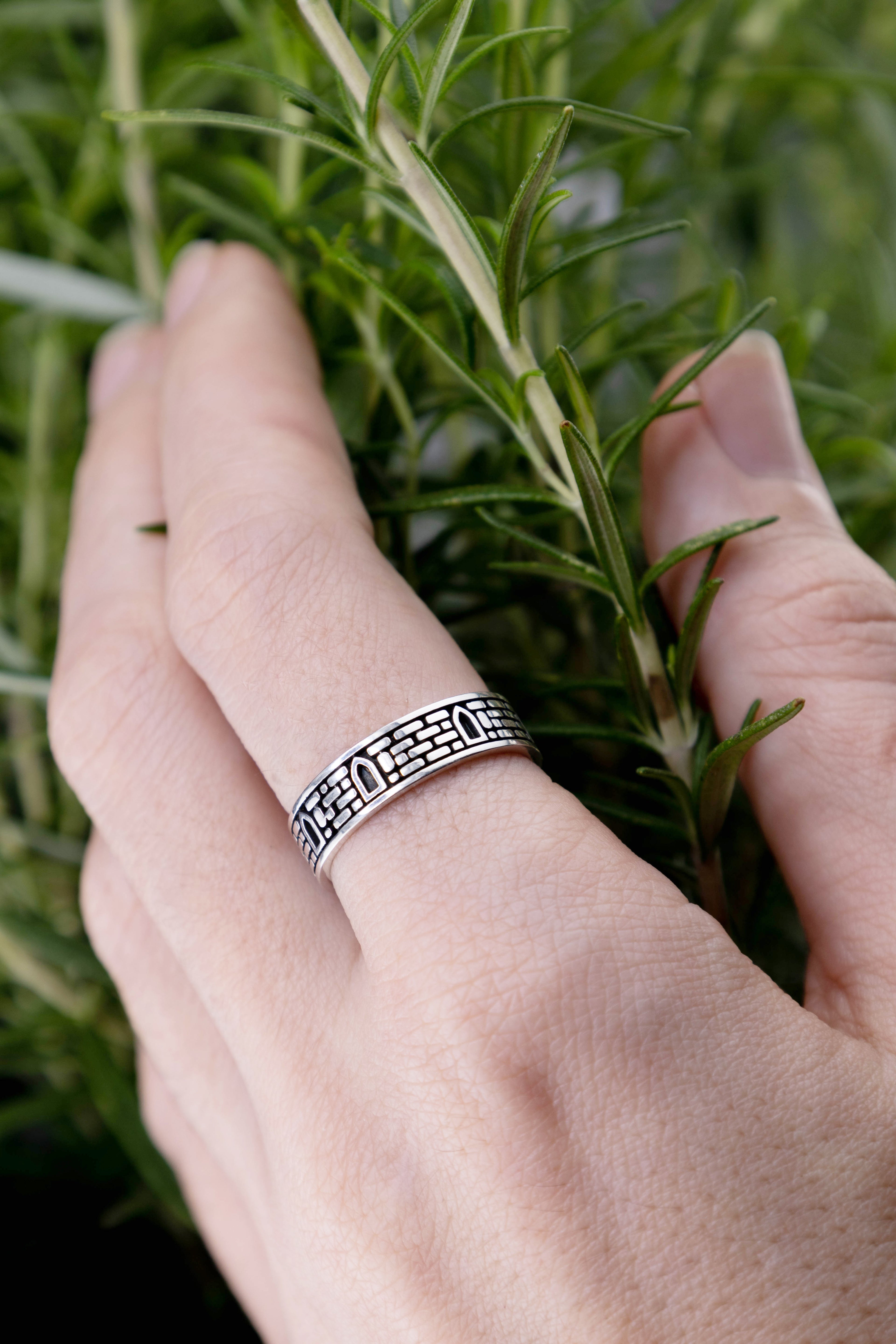 Castle Wall Ring Sterling Silver, Brick Medieval band, Gothic Architecture Jewelry