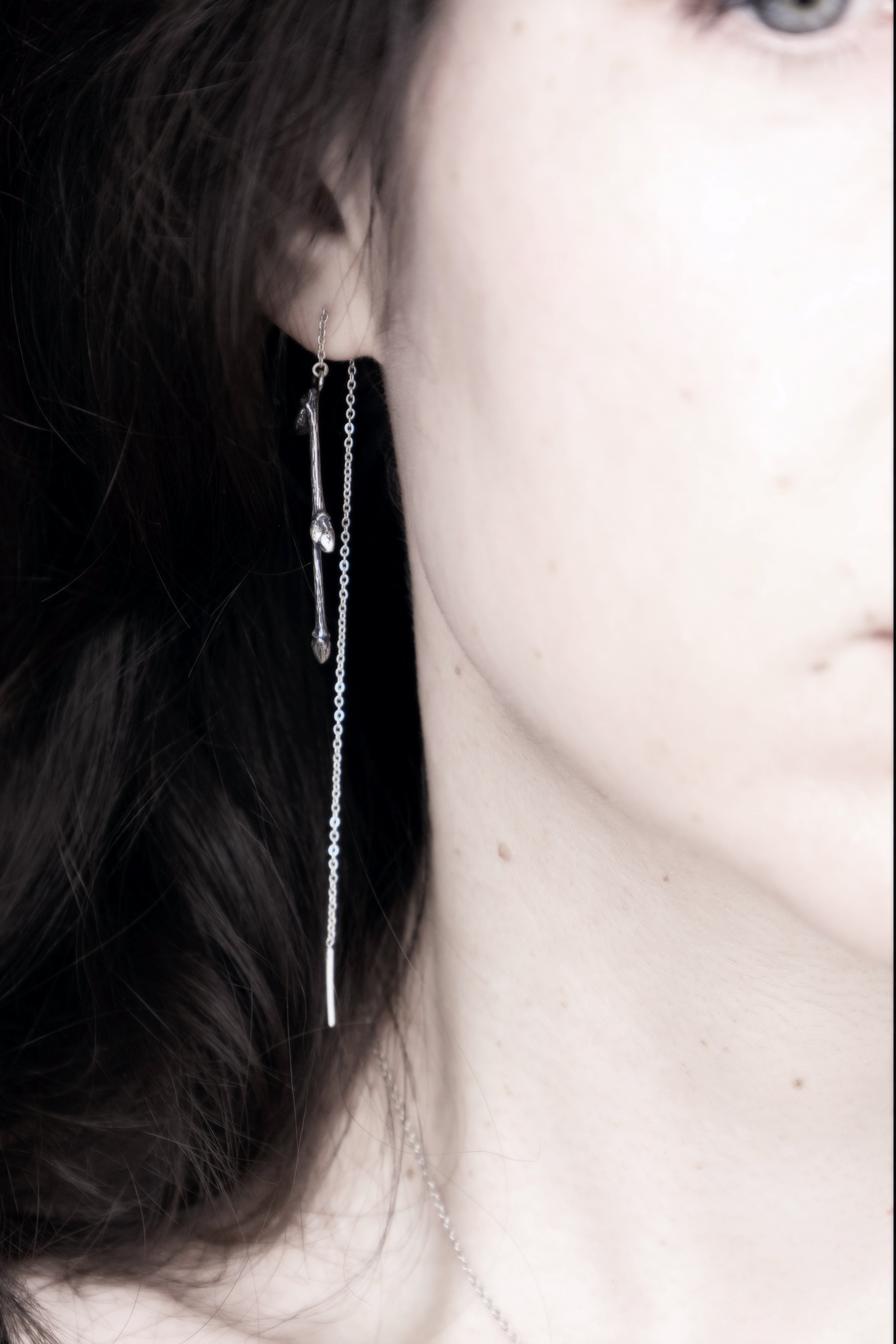 Asymmetric Twig Threader Earrings, Pair Sterling Silver Branch Mismatched Ear Threads