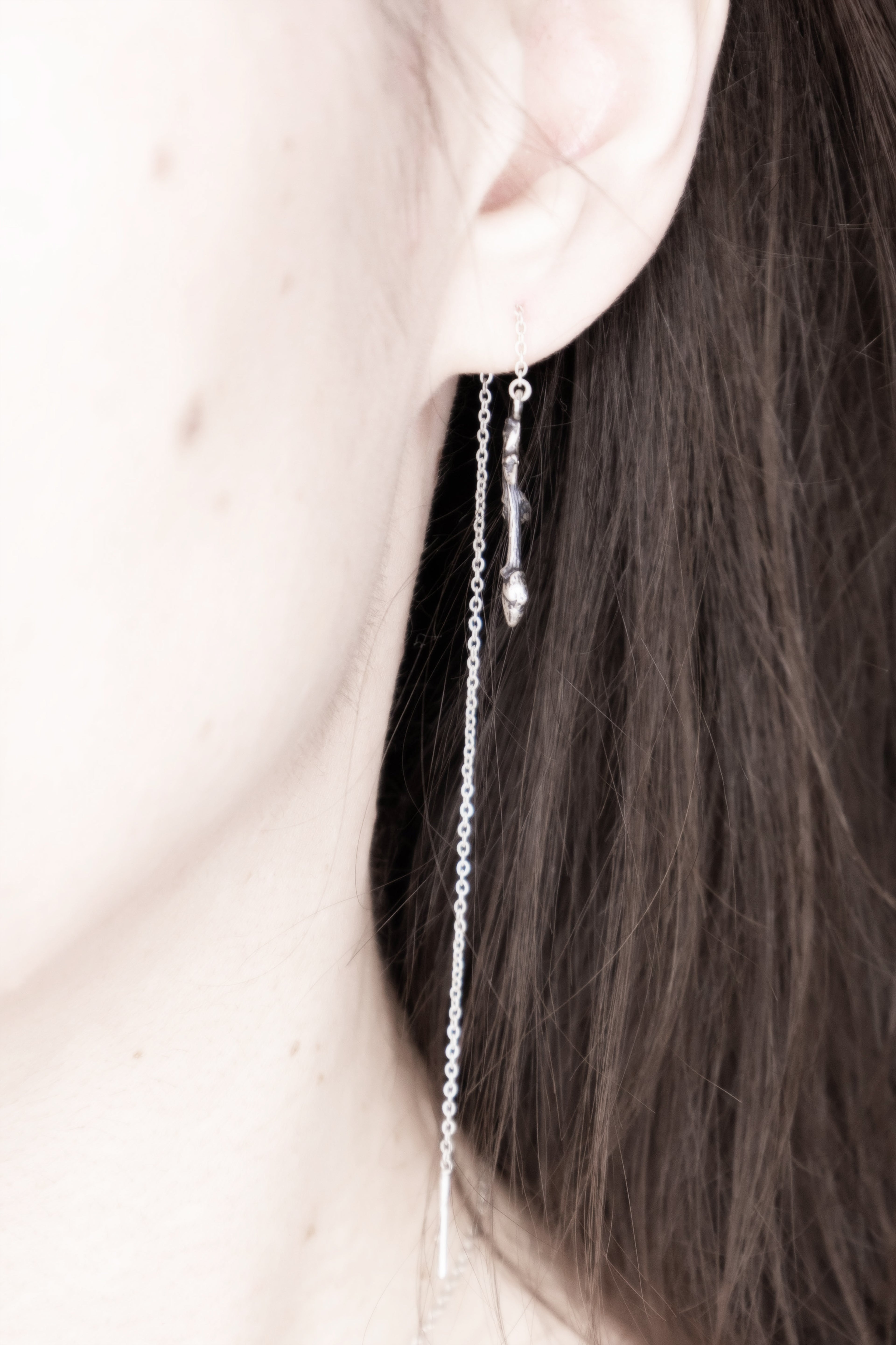 Asymmetric Twig Threader Earrings, Pair Sterling Silver Branch Mismatched Ear Threads