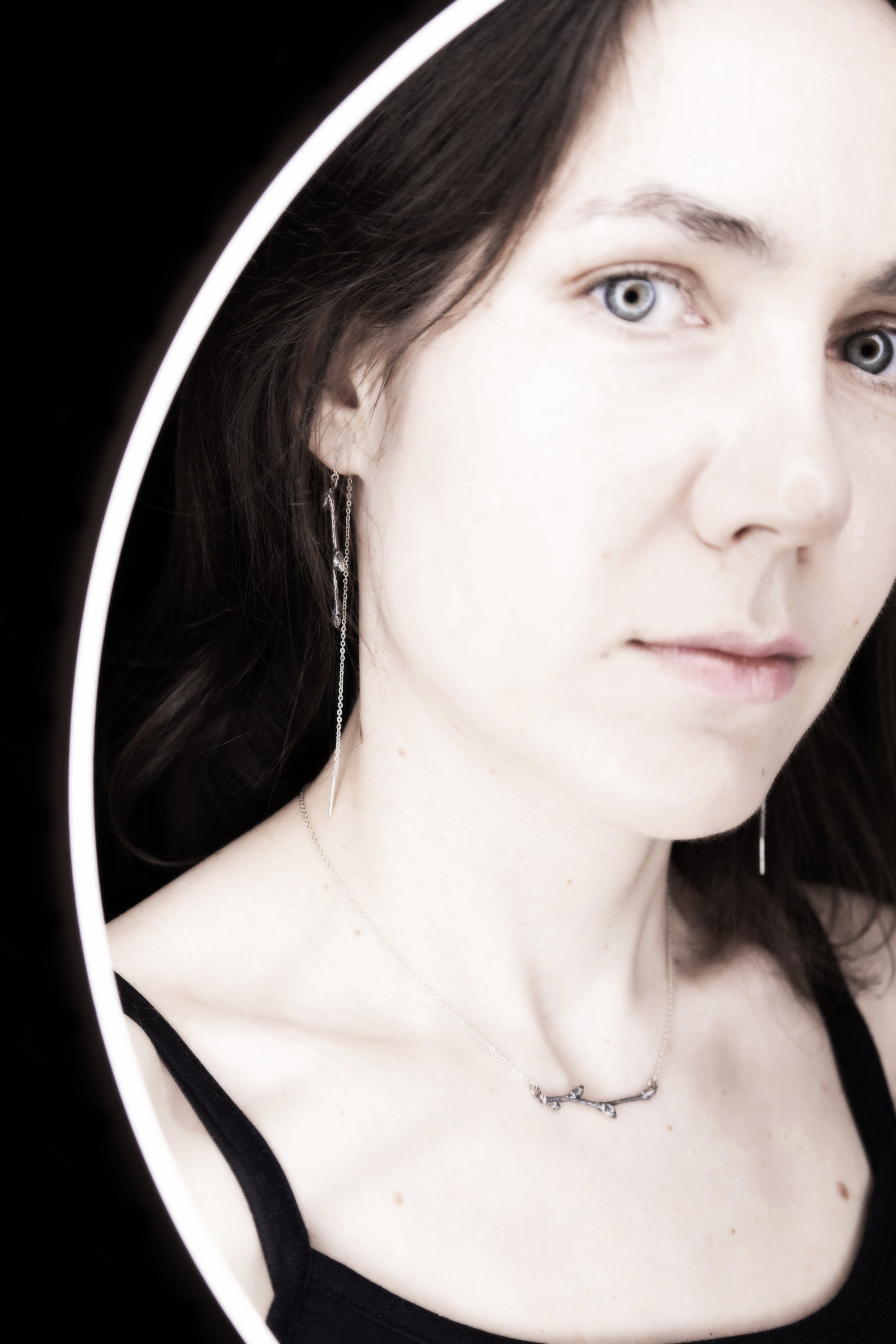 Asymmetric Twig Threader Earrings, Pair Sterling Silver Branch Mismatched Ear Threads