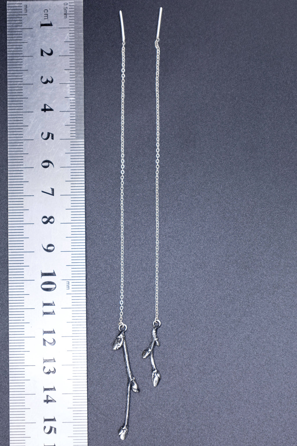 Asymmetric Twig Threader Earrings, Pair Sterling Silver Branch Mismatched Ear Threads