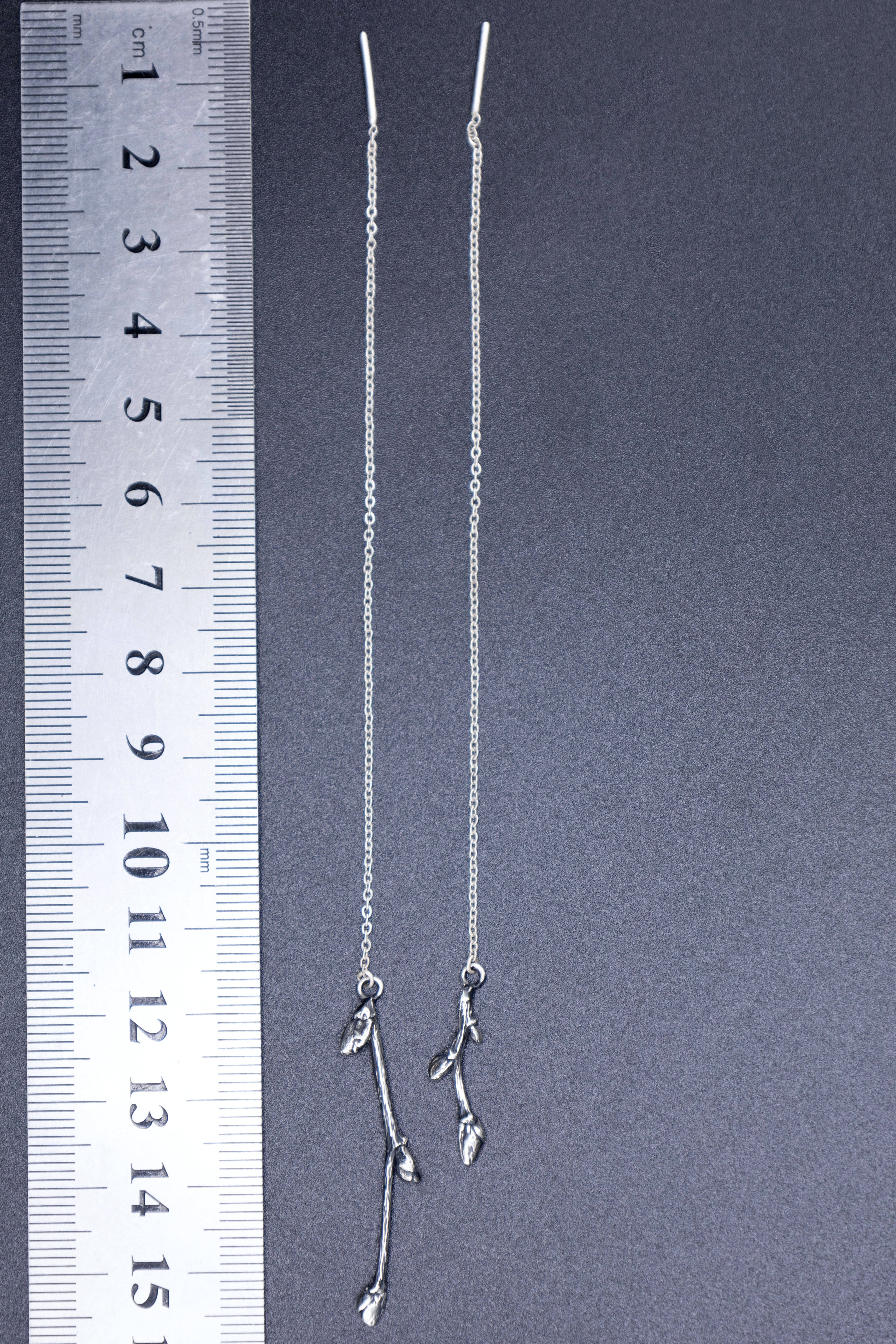 Asymmetric Twig Threader Earrings, Pair Sterling Silver Branch Mismatched Ear Threads