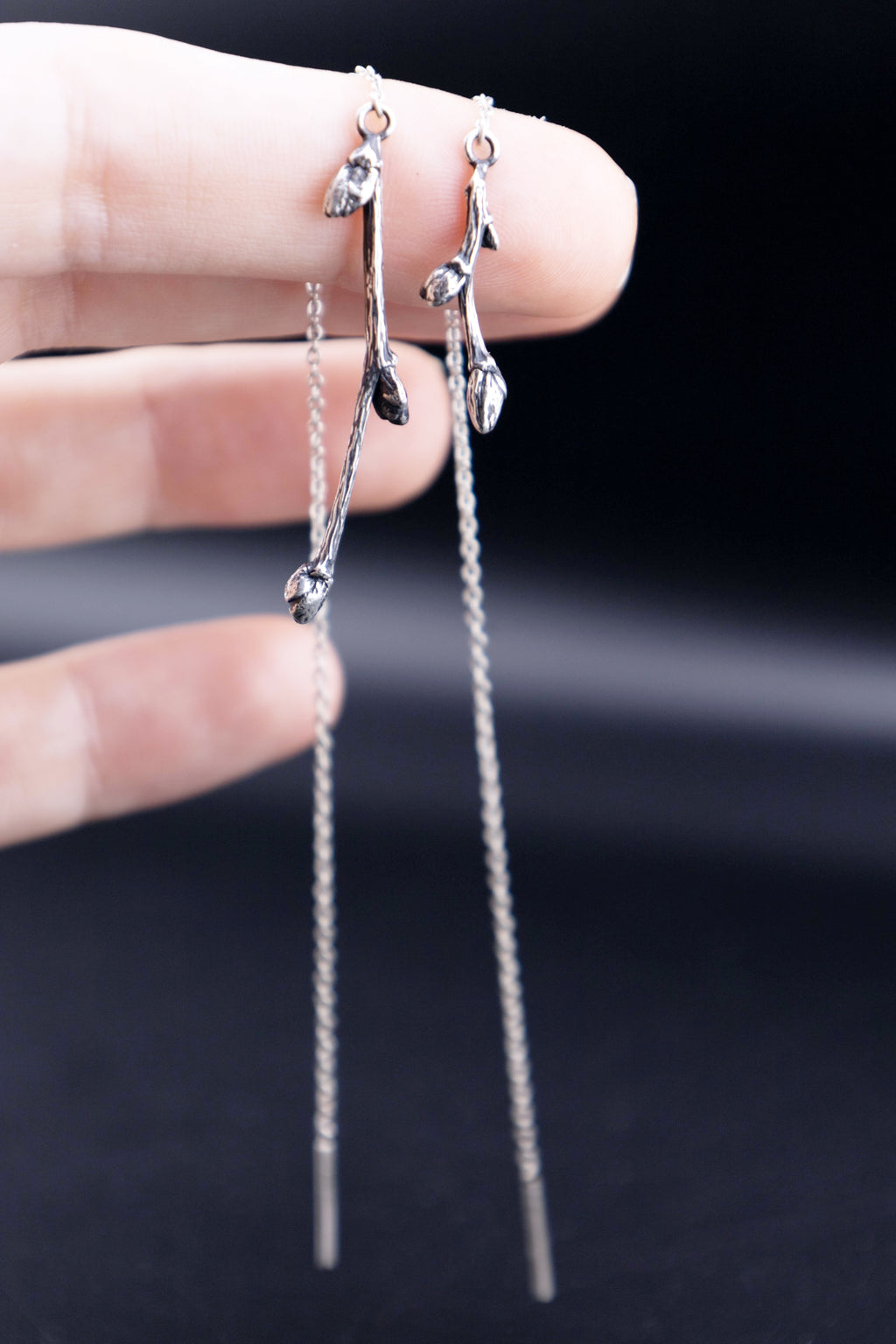 Asymmetric Twig Threader Earrings, Pair Sterling Silver Branch Mismatched Ear Threads