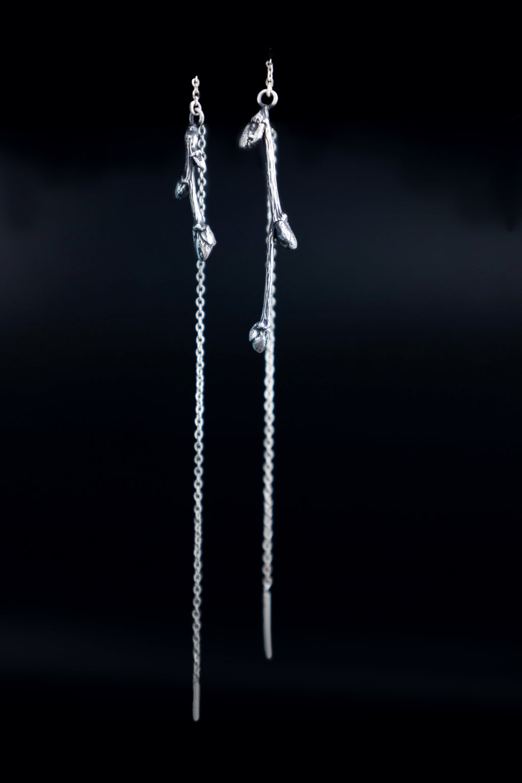 Asymmetric Twig Threader Earrings, Pair Sterling Silver Branch Mismatched Ear Threads