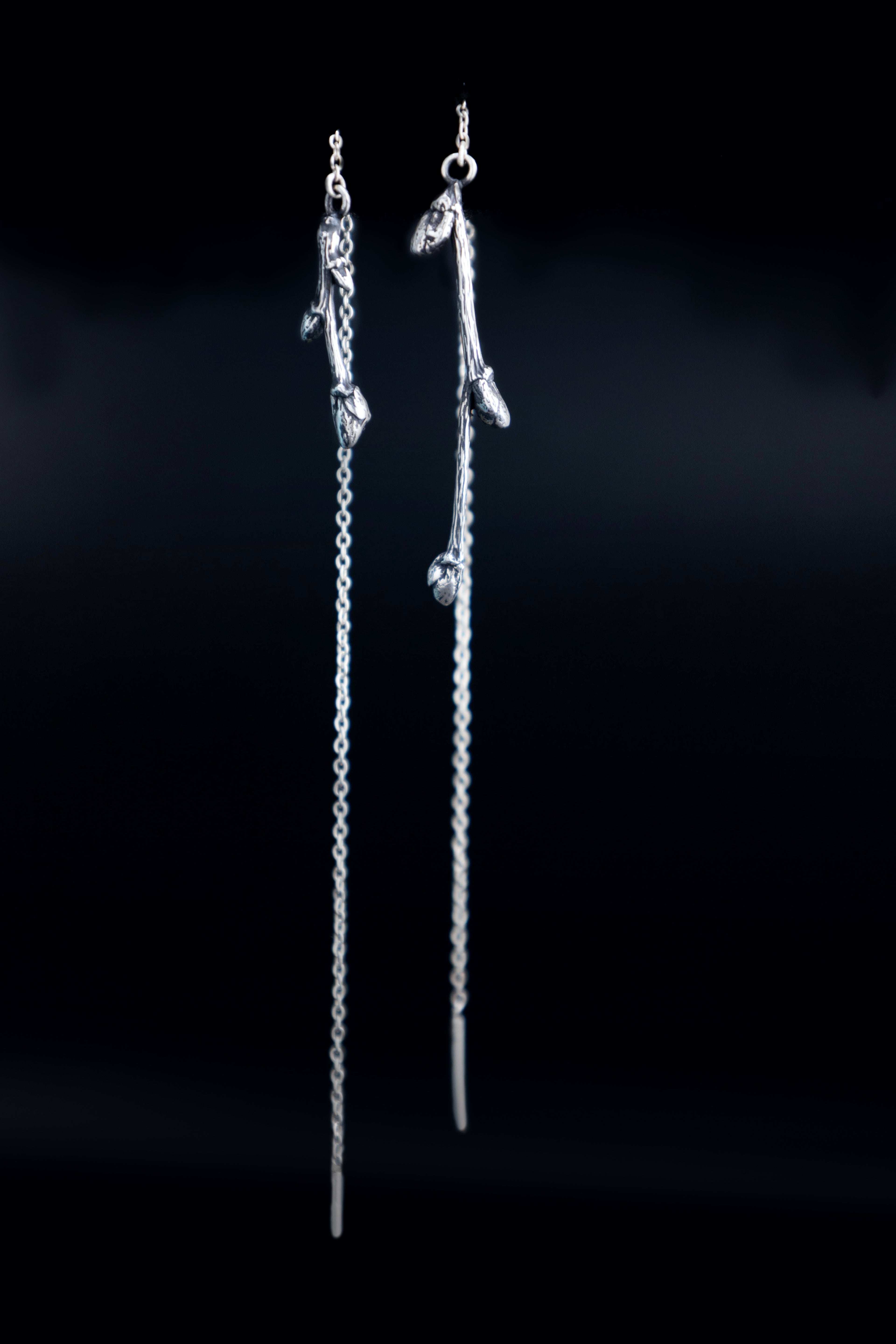 Asymmetric Twig Threader Earrings, Pair Sterling Silver Branch Mismatched Ear Threads